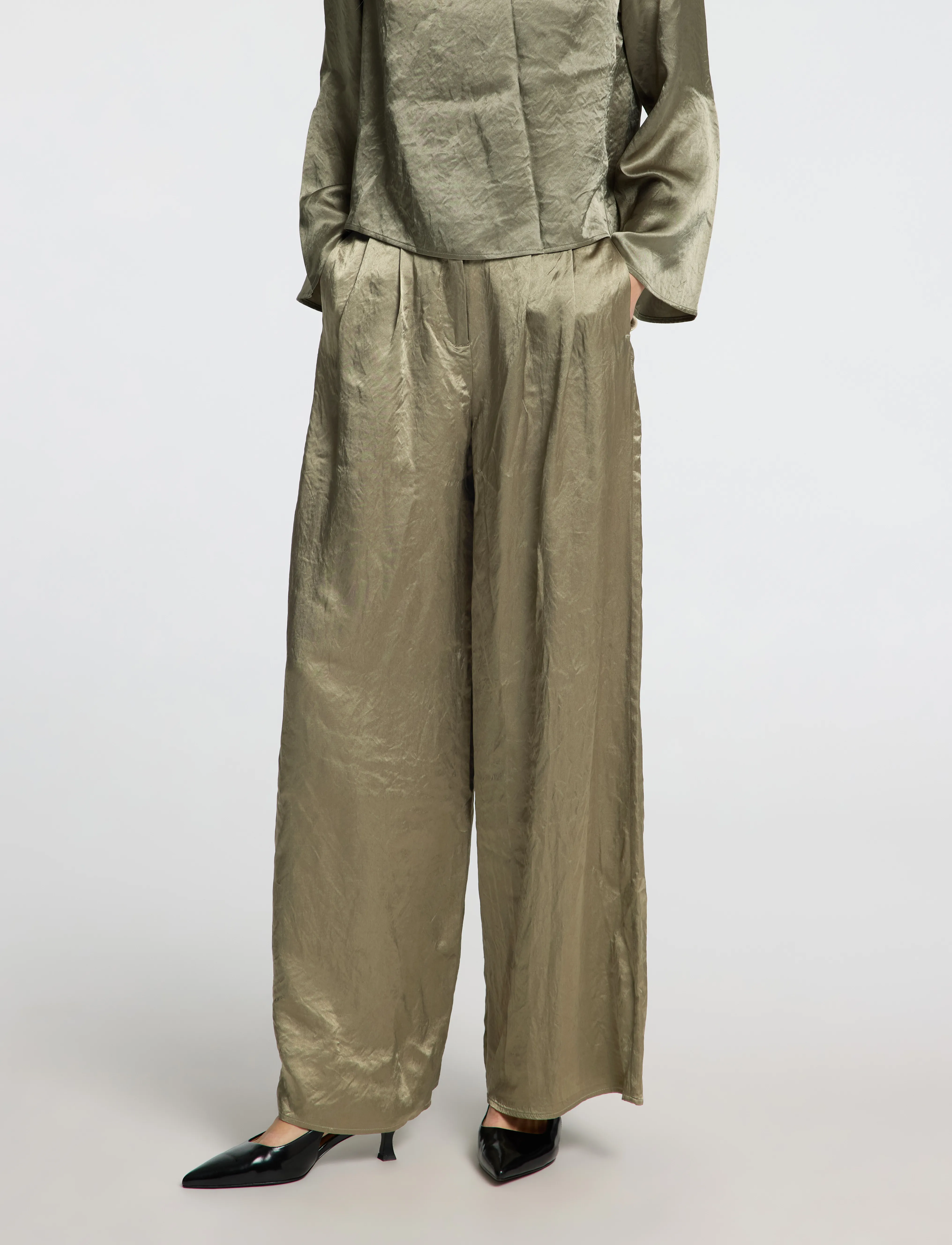 Selected SLFSELENE HW WIDE PANT B - Tøj - VETIVER / green
