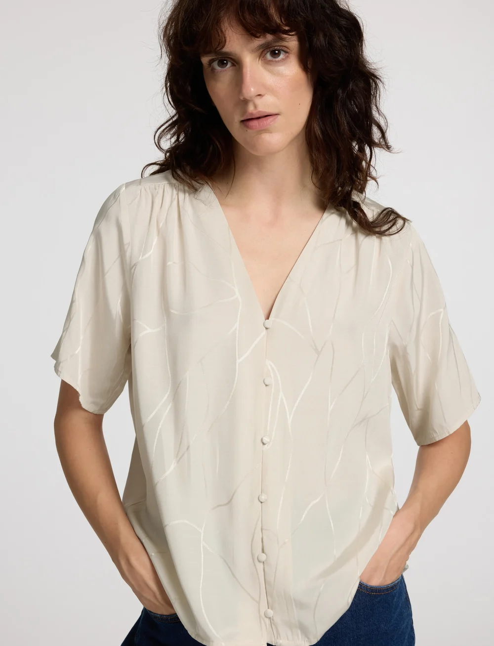 Selected - SLFDIMITRA SS JACQUARD TOP B - kortärmade blusar - birch - 3