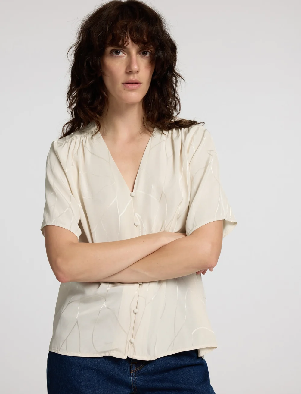 Selected - SLFDIMITRA SS JACQUARD TOP B - kortärmade blusar - birch - 4