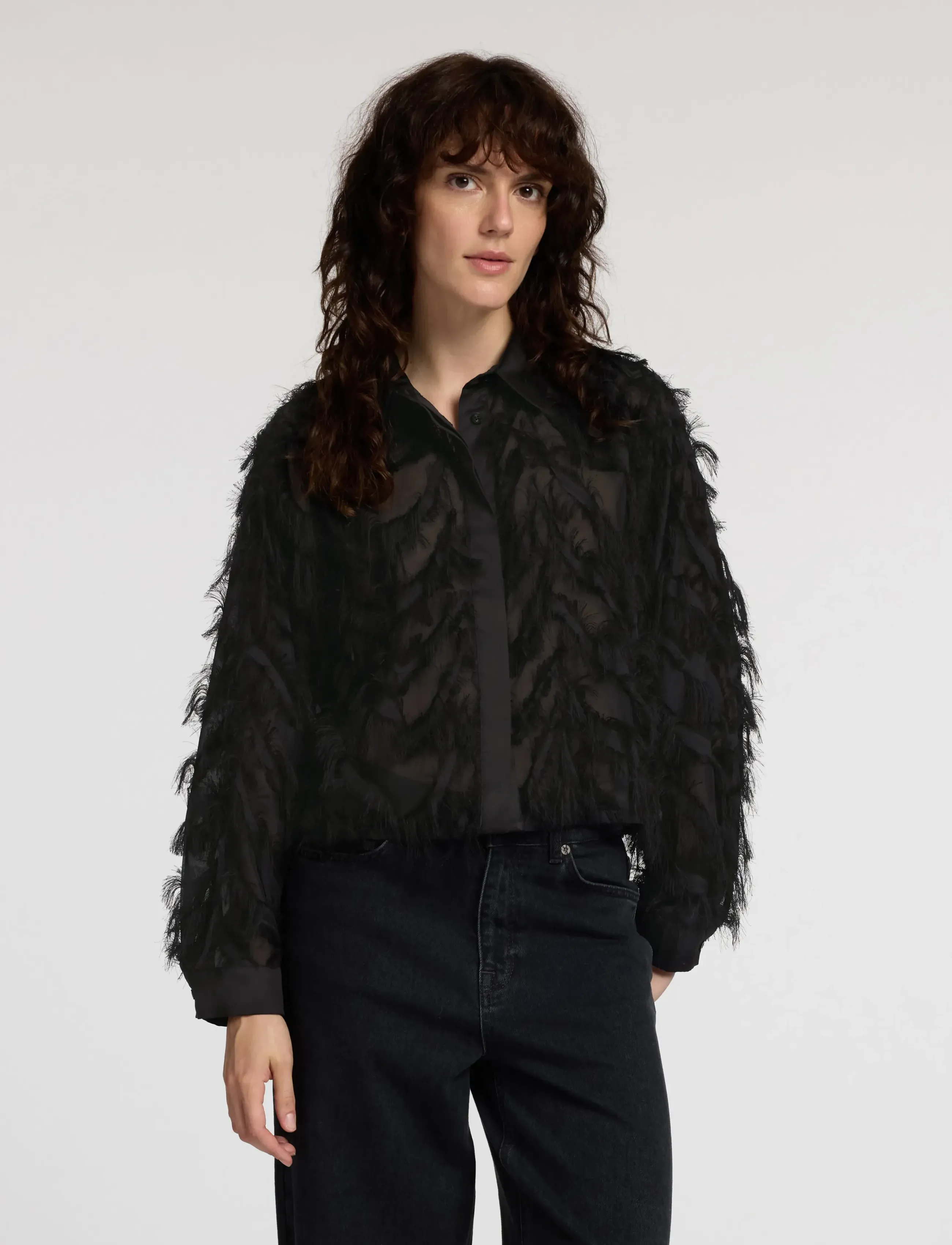 Selected Slwmyline Ls Fluffy Cropped Shirt B, Kvinder, Fluffy Cropped Skjorte, Sort, Str: 34