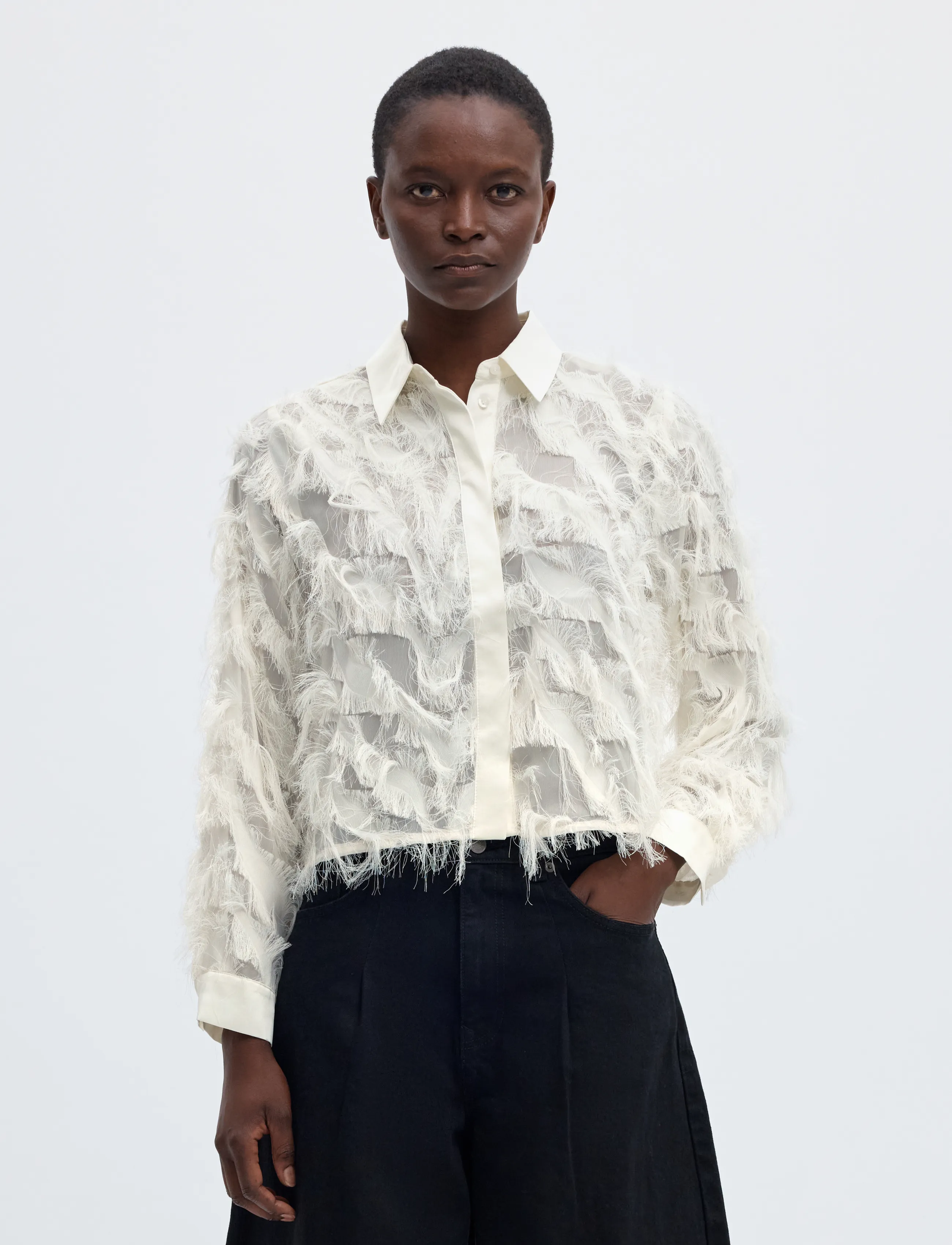 Selected - SLWMYLINE LS FLUFFY CROPPED SHIRT B - langärmlige hemden - egret - 0