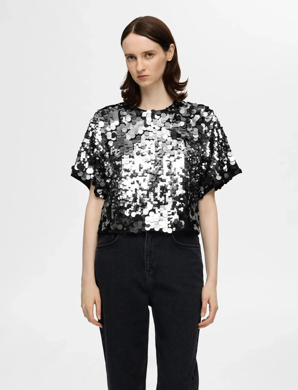 Selected - SLFTANA 3/4 SEQUINS TOP B - kortærmede bluser - silver - 0