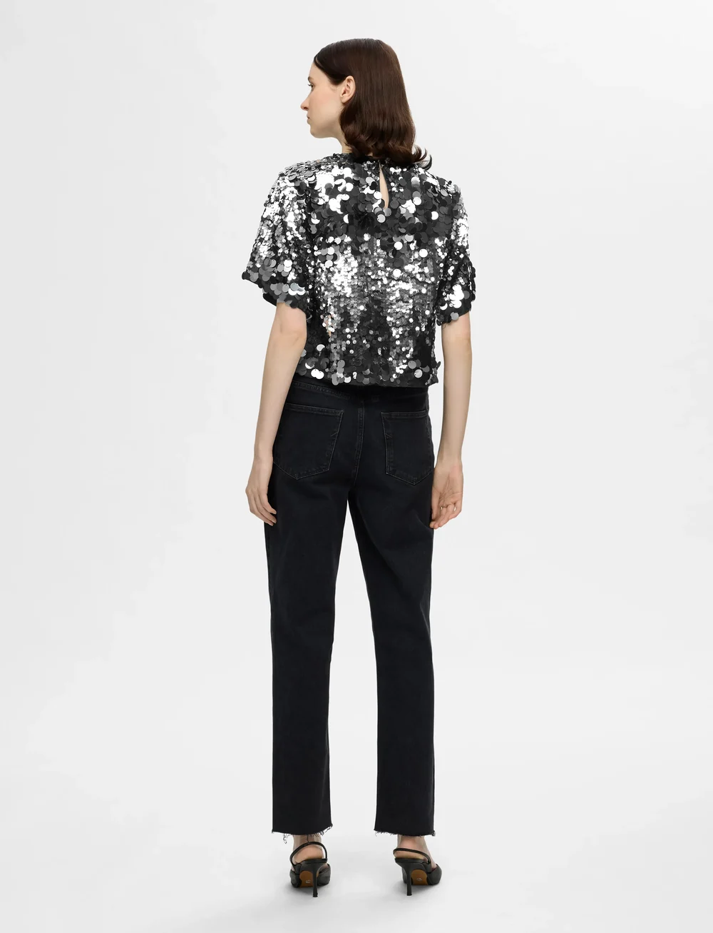 Selected - SLFTANA 3/4 SEQUINS TOP B - kortærmede bluser - silver - 2