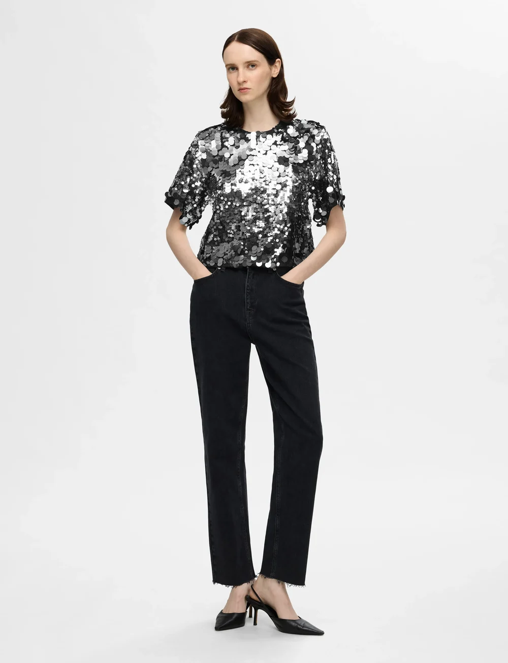 Selected - SLFTANA 3/4 SEQUINS TOP B - kortærmede bluser - silver - 3
