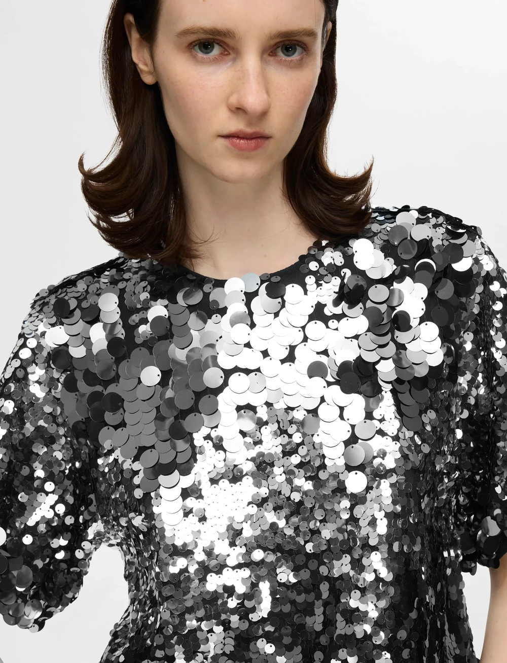 Selected - SLFTANA 3/4 SEQUINS TOP B - kortærmede bluser - silver - 4
