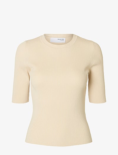 Selected SLFMALI 2/4 KNIT O-NECK - Prjónafatnaður - BIRCH / cream