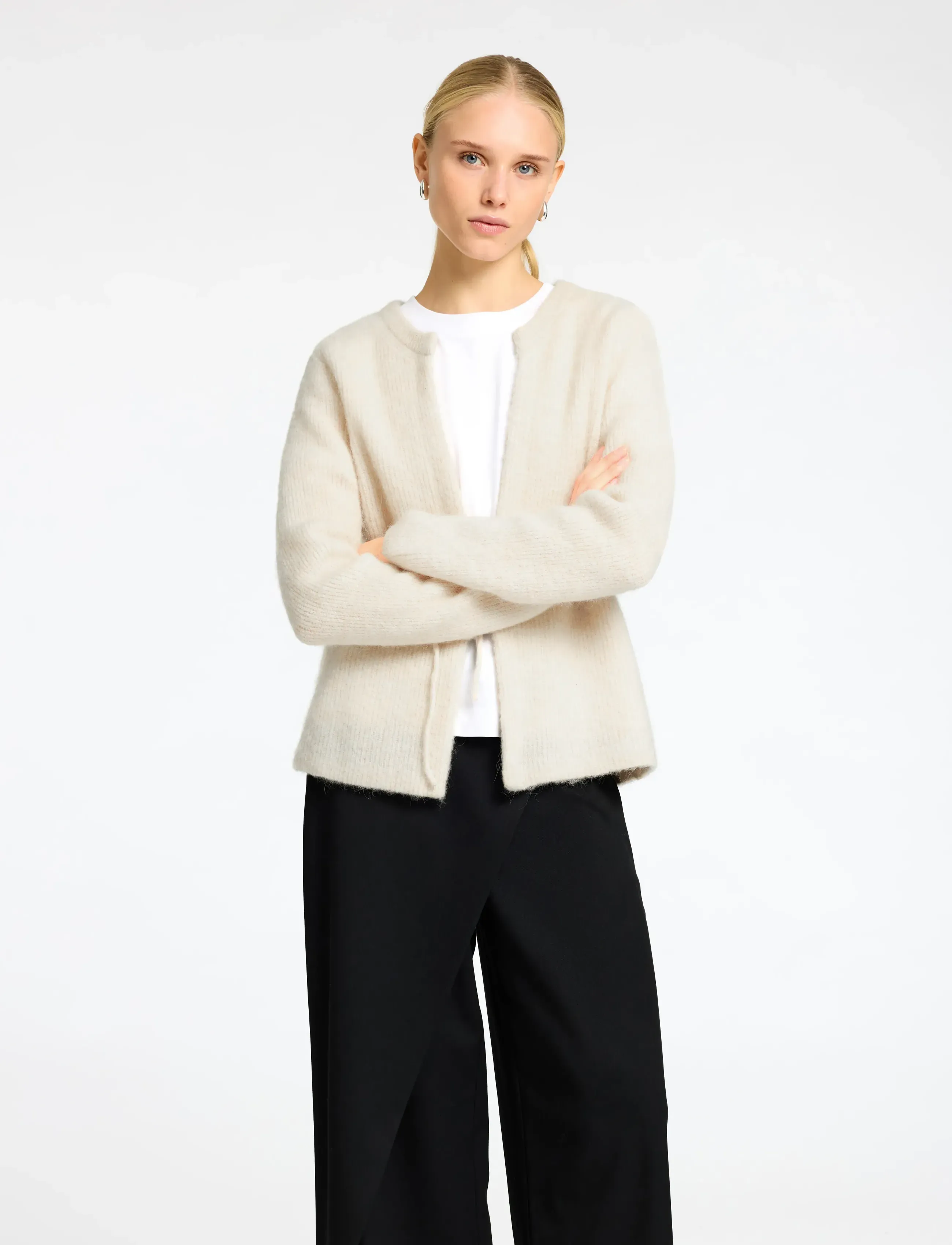 Selected Slfsia Ras Ls Knit Belt Cardigan, XL, White, Strik > Cardigans, Dame