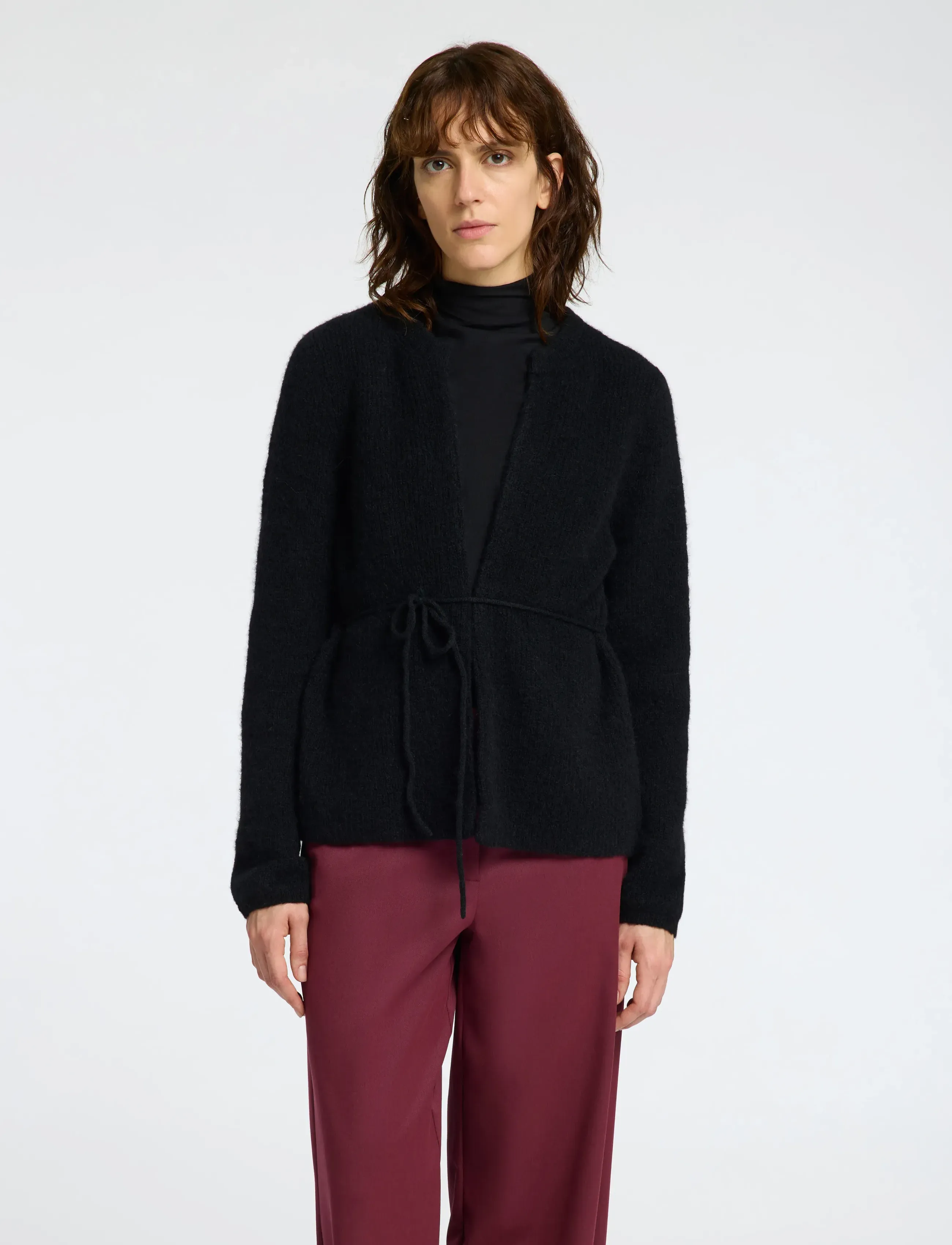 Selected Slfsia Ras Ls Knit Belt Cardigan, L, Black, Strik > Cardigans, Dame