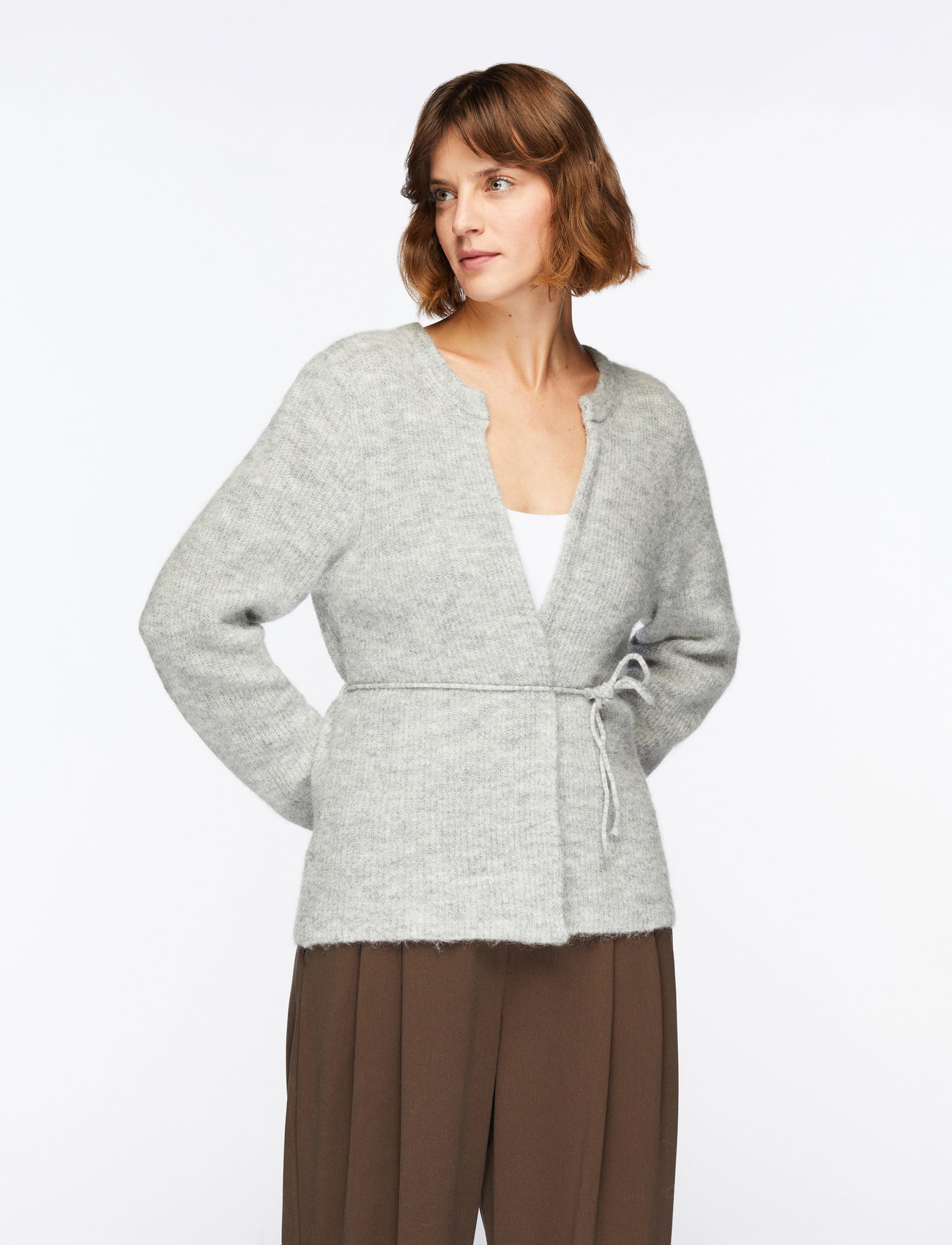 Selected - SLFSIA RAS LS KNIT BELT CARDIGAN - koftor - light grey melange - 0