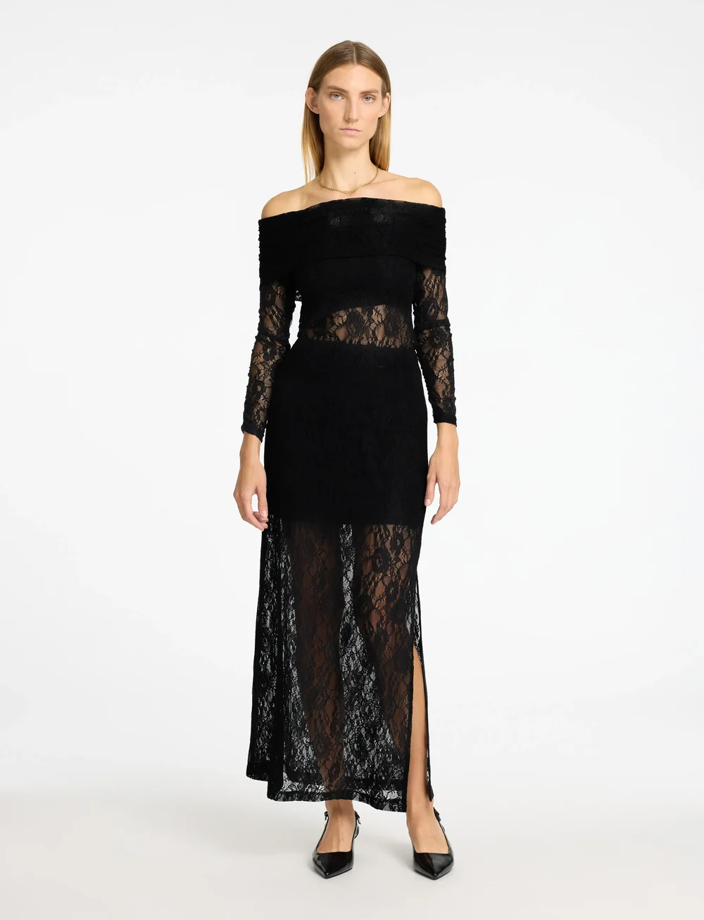 Selected - SLFMISTA LS OFF SHOULDER LACE TOP - pikkade varrukatega alussärgid - black - 4