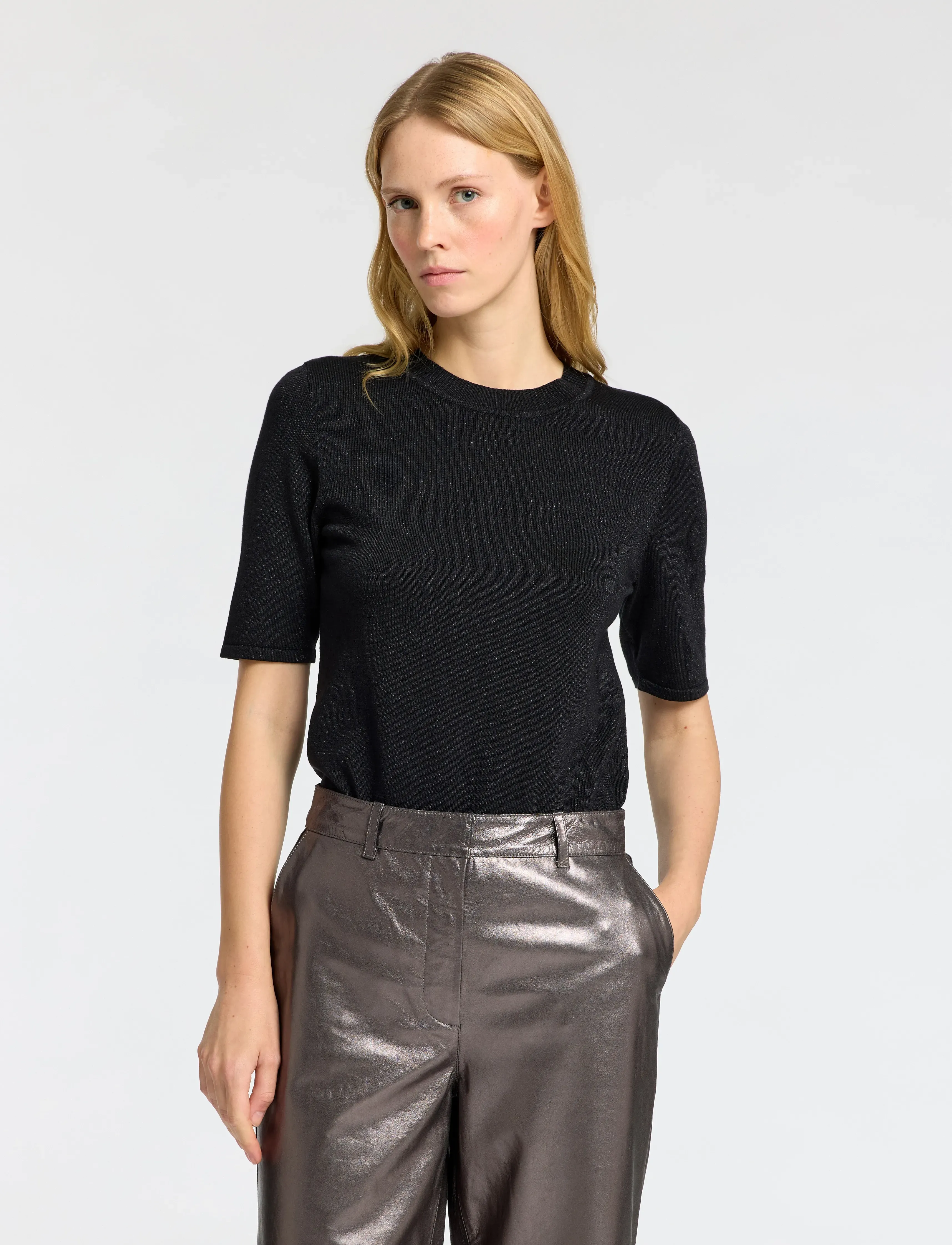 Selected - SLFLURA LUREX 2/4 KNIT O-NECK - laveste priser - black - 5