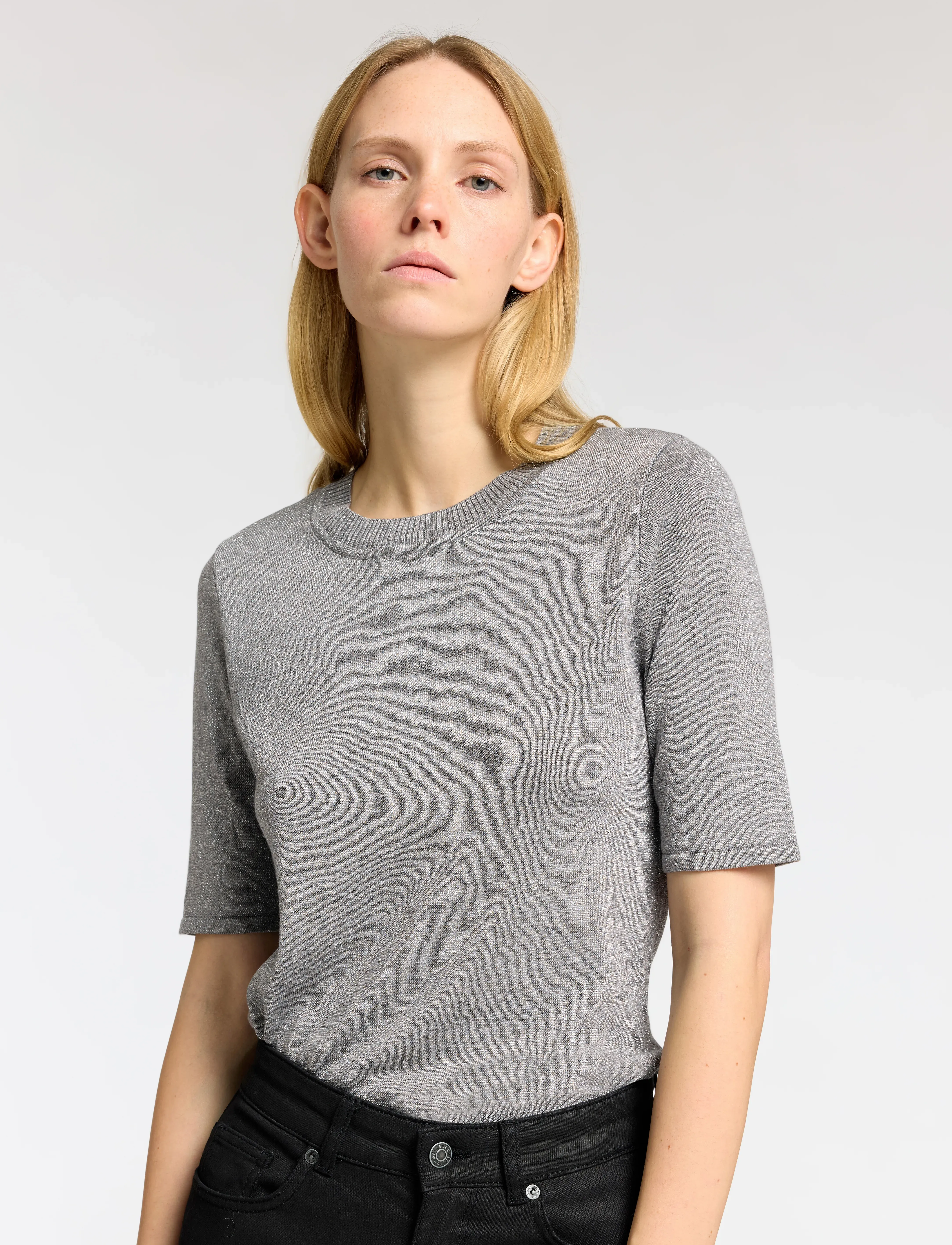 Selected - SLFLURA LUREX 2/4 KNIT O-NECK - t-shirts & tops - medium grey melange - 4
