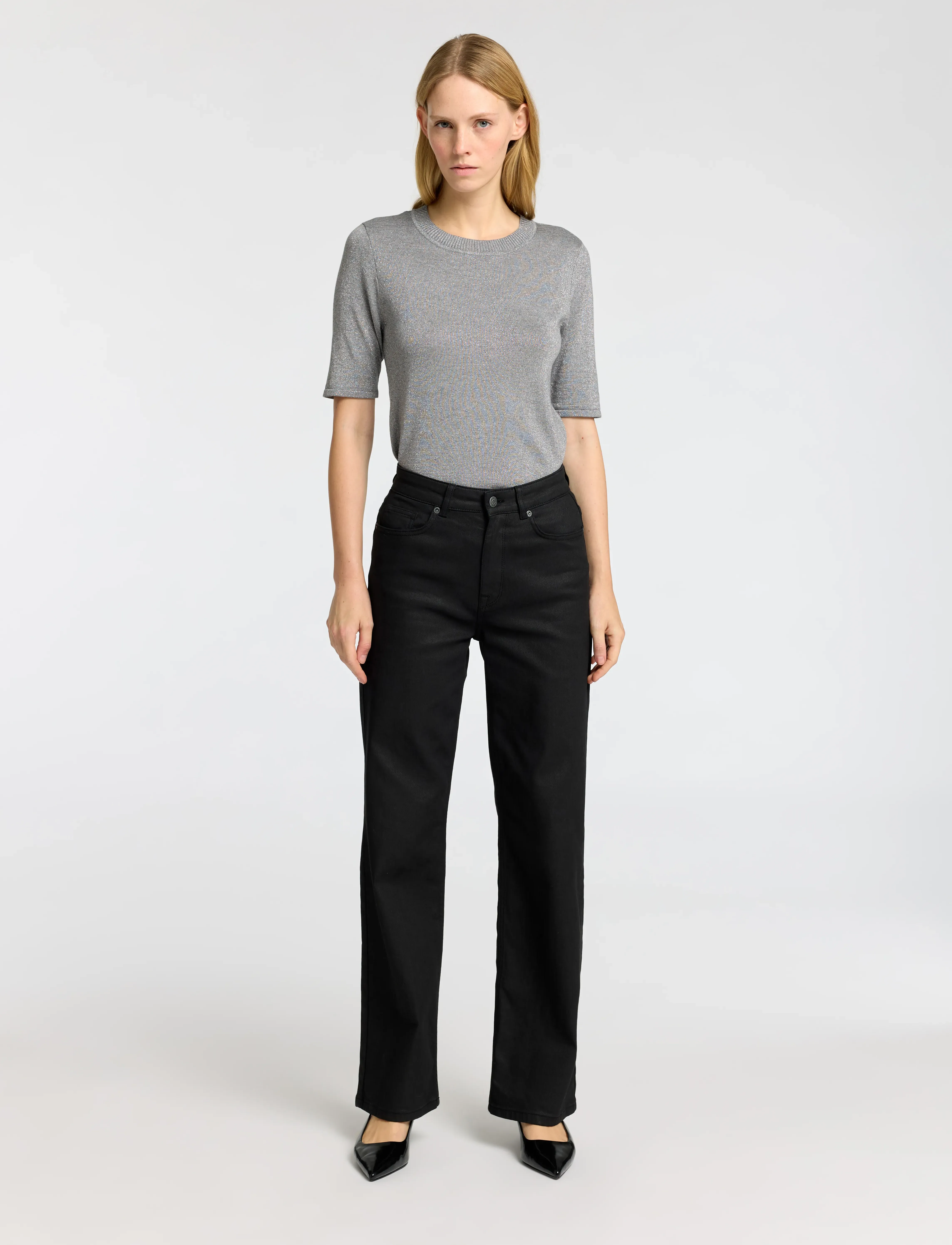 Selected - SLFLURA LUREX 2/4 KNIT O-NECK - t-shirts & tops - medium grey melange - 5