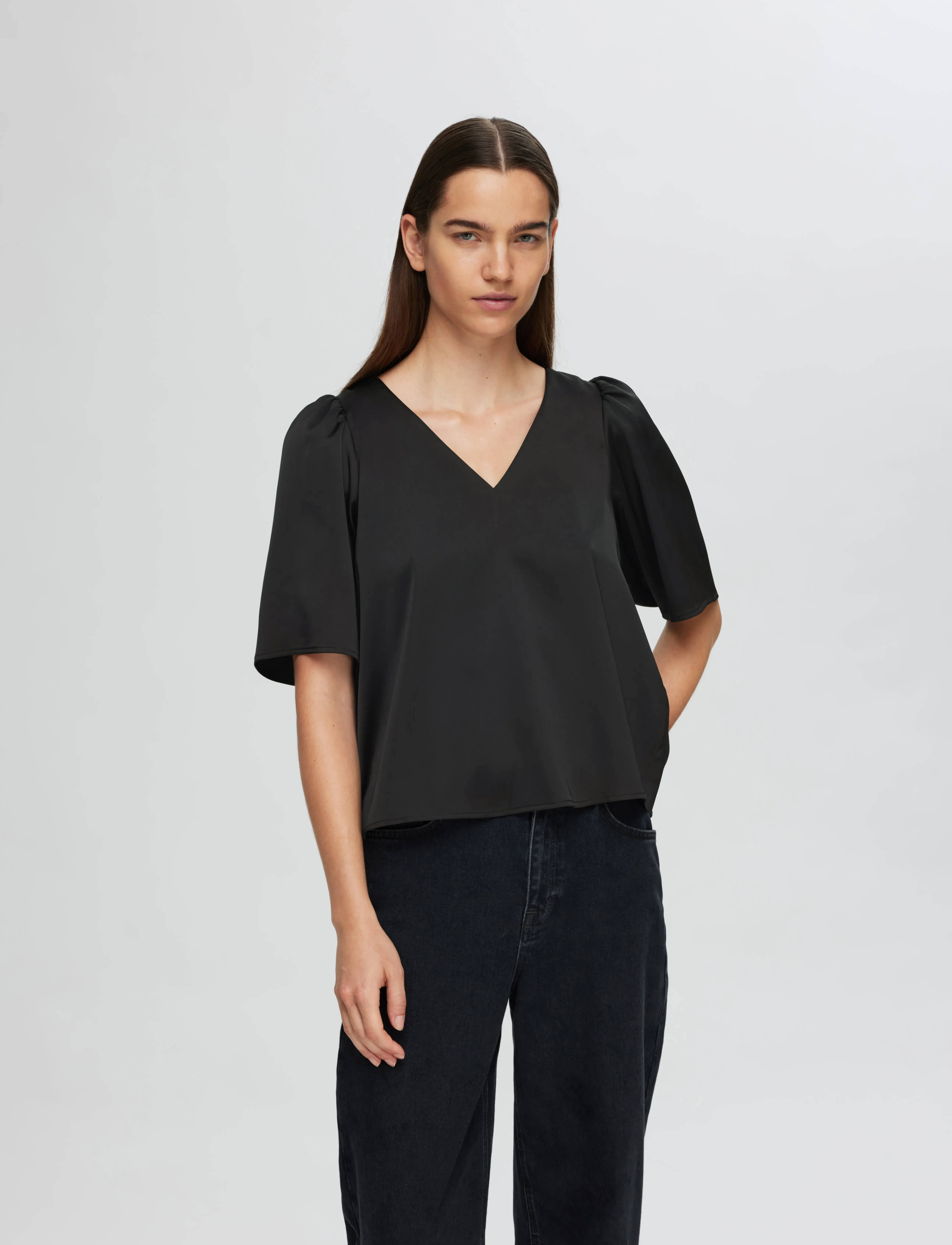 Selected - SLFLENA 2/4 V-NECK TOP D2 - kortærmede bluser - black - 4