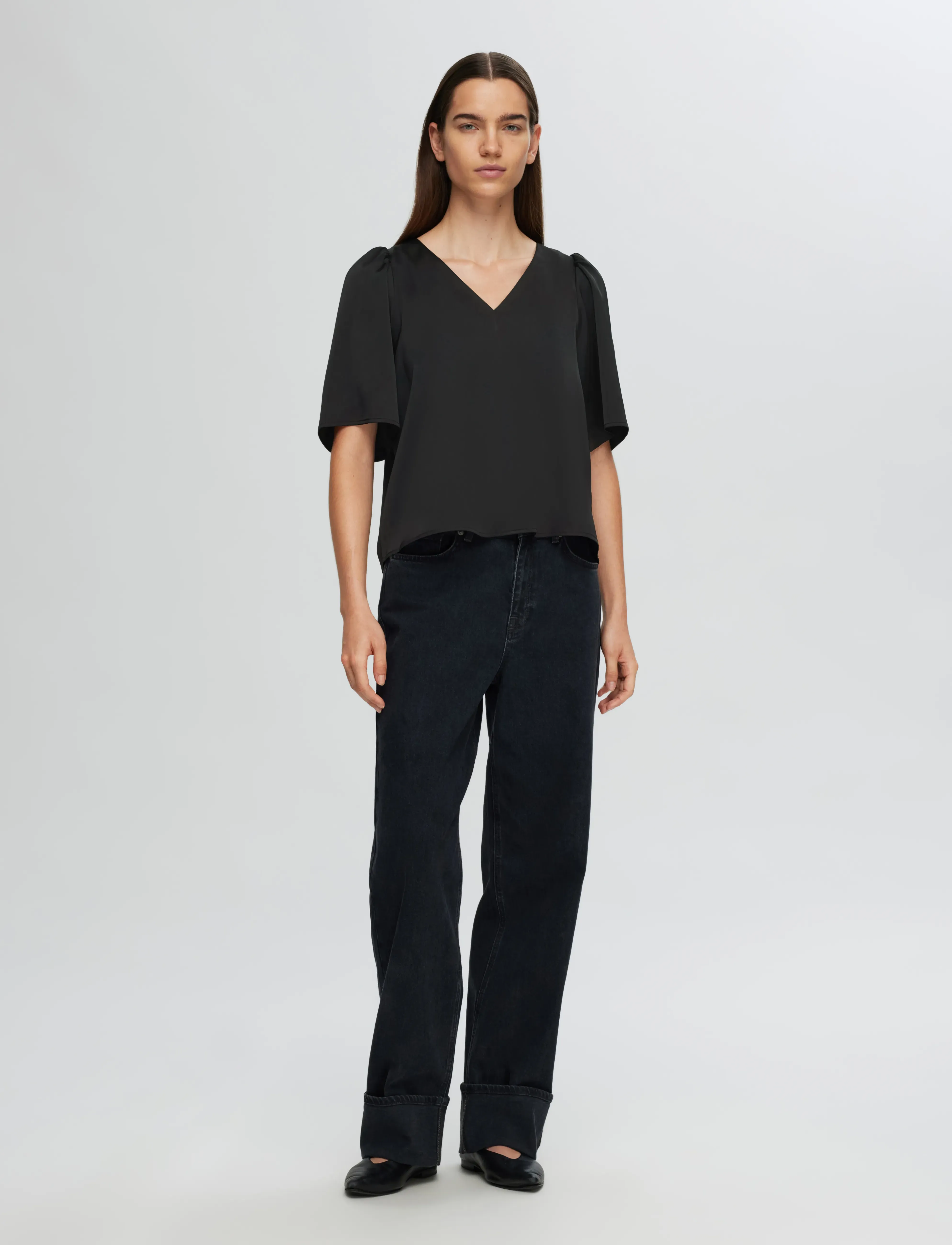 Selected - SLFLENA 2/4 V-NECK TOP D2 - kortærmede bluser - black - 5