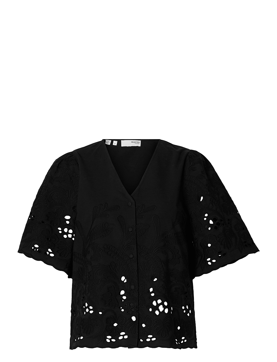 Selected - SLFDAHLIA SS BRODERI SHIRT NOOS - chemises à manches courtes - black - 1
