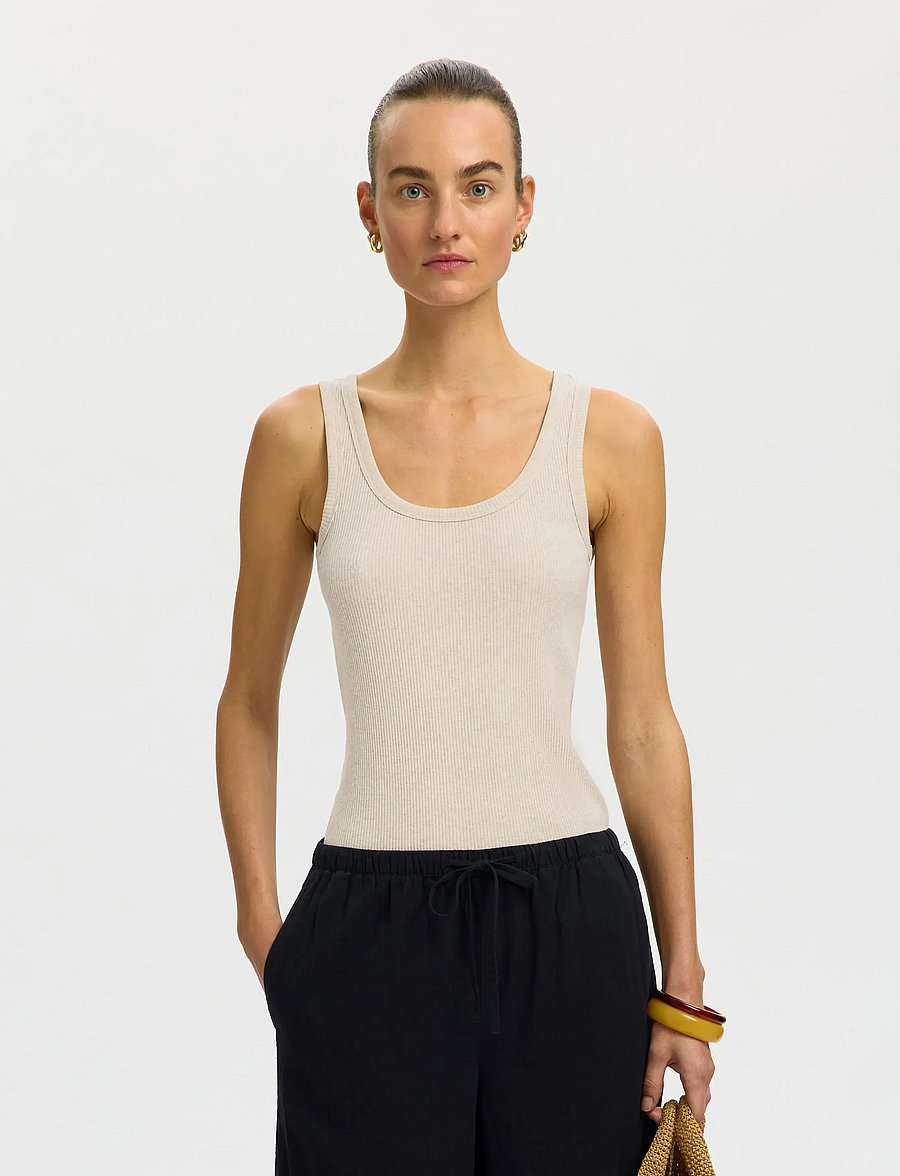 Selected - SLWANNA U-NECK TANK TOP NOOS - tanktops - oatmeal - 0