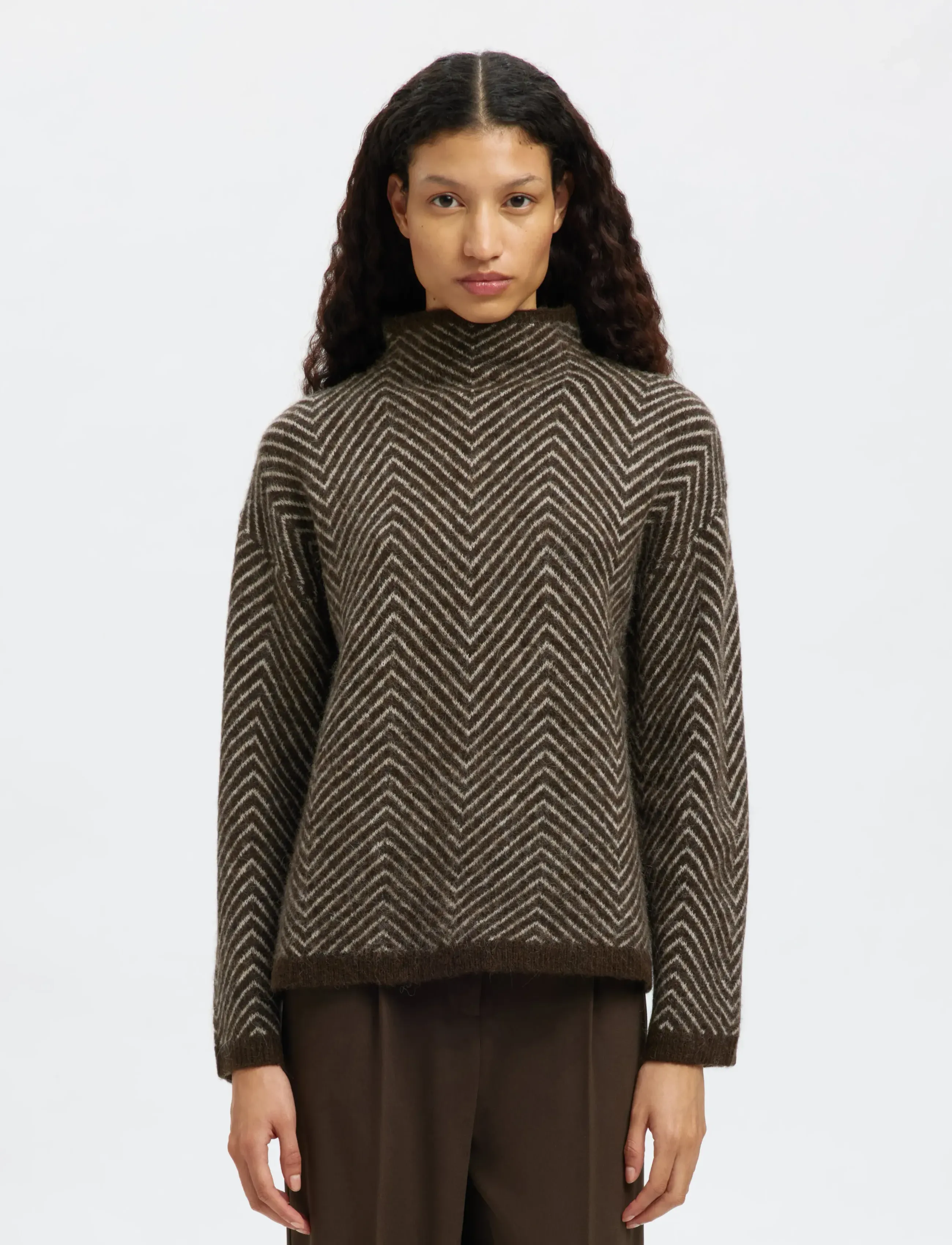 Selected Slflulu Ls Herringbone Knit High Neck, L, Knitwear, Braun - Jumpers, Frauen