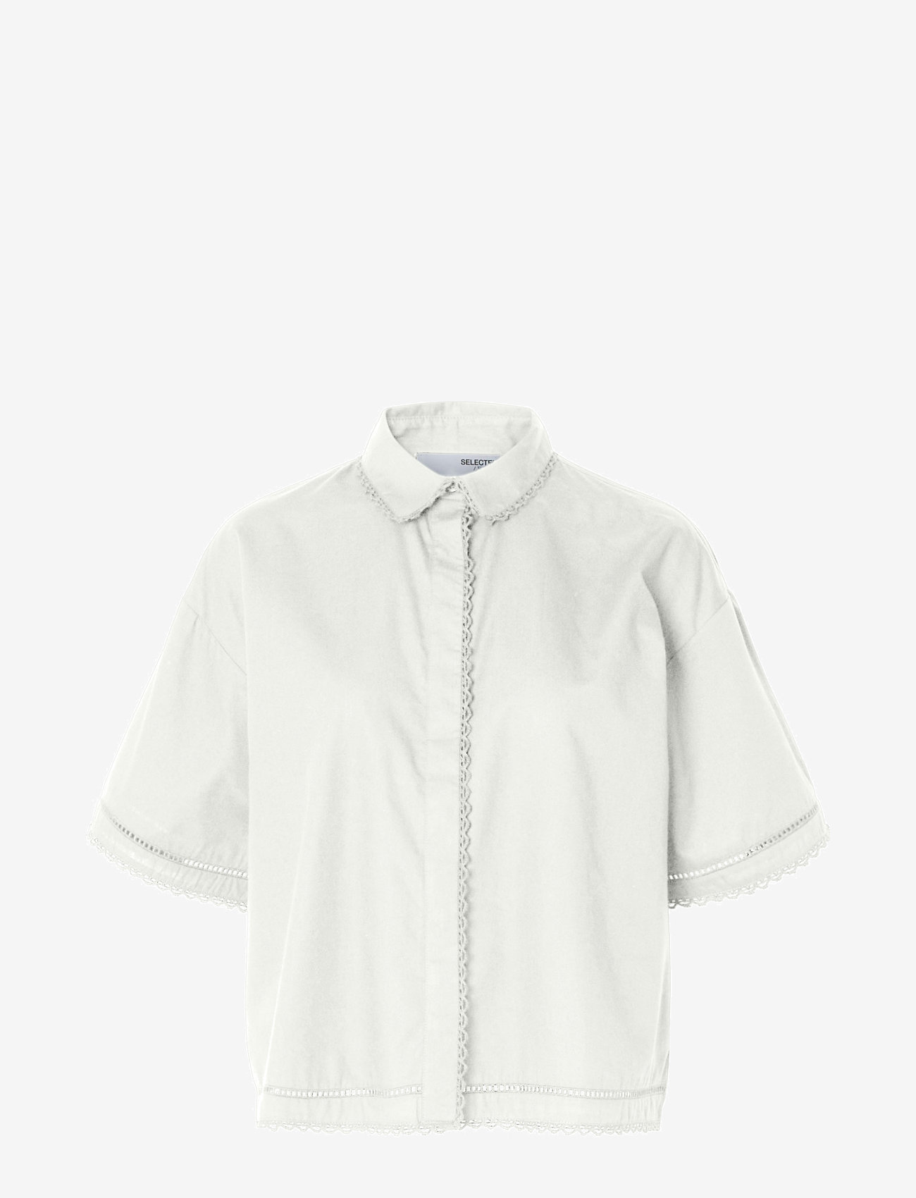 Selected - SLFNOVI SS CROCHET DETAIL SHIRT B - kortärmade skjortor - snow white - 1