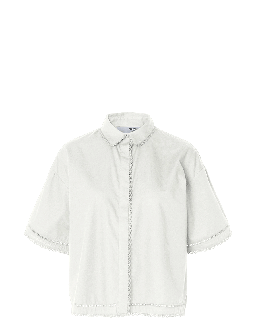 Selected - SLFNOVI SS CROCHET DETAIL SHIRT B - kurzärmlige hemden - snow white - 1