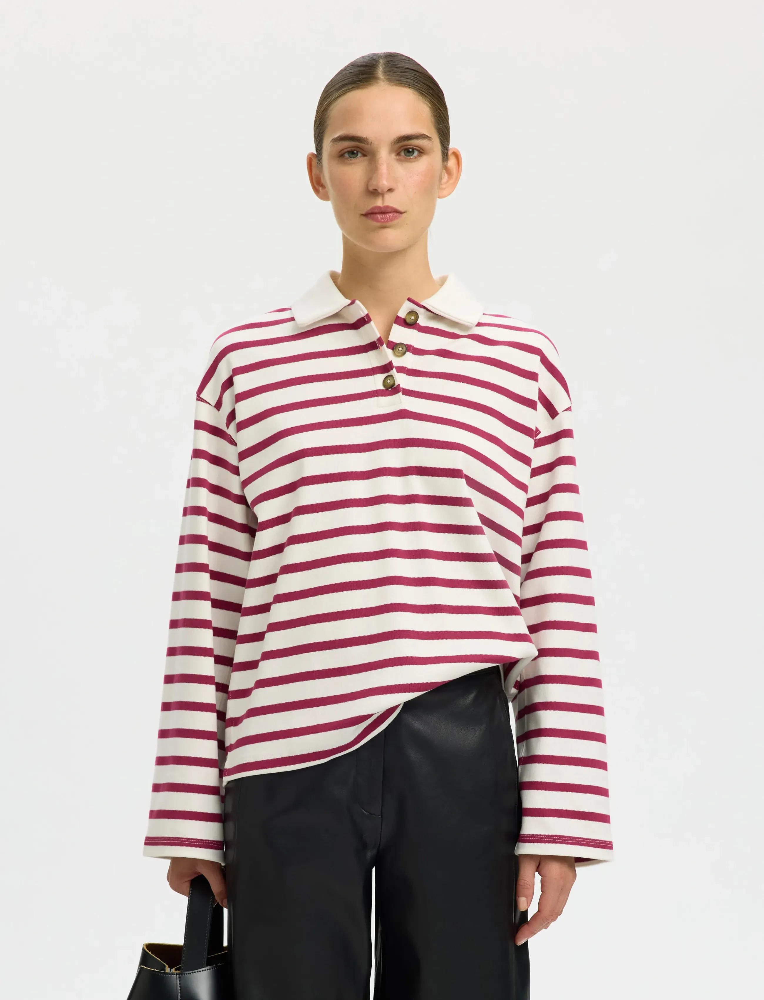 Selected Slfwada Ls Stripe Collar Top, XL, T-shirts & Oberteile, Burgunderrot - Polos, Frauen