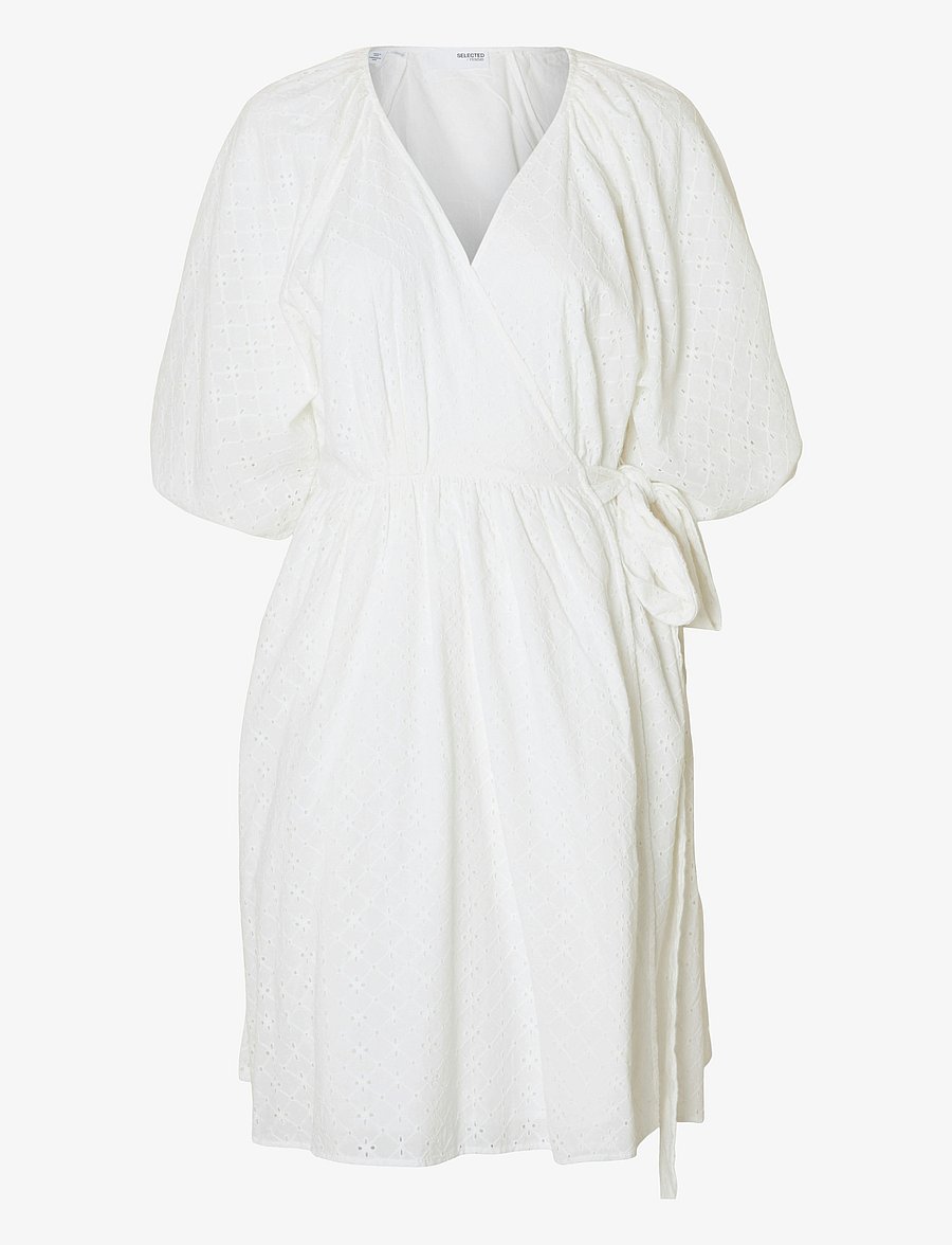 Selected - SLFHANNAH 2/4 SHORT WRAP BRODERI DRESS D - confirmation - bright white - 0