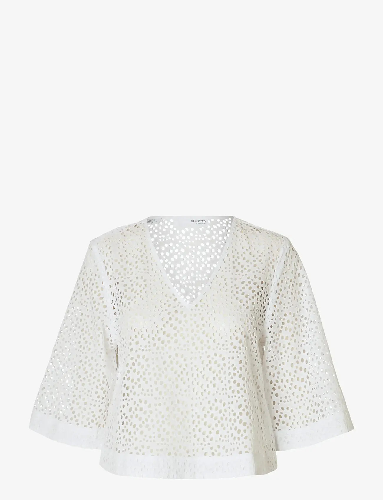 Selected - SLFLAERKE 3/4 CROPPED BRODERI ANG TOP B - lühikeste varrukatega pluusid - bright white - 1