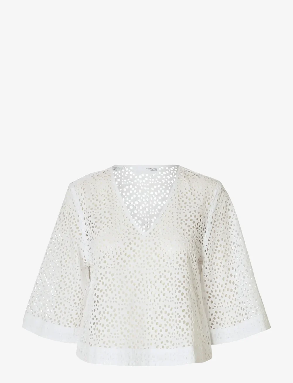 Selected - SLFLAERKE 3/4 CROPPED BRODERI ANG TOP B - kortärmade blusar - bright white - 1
