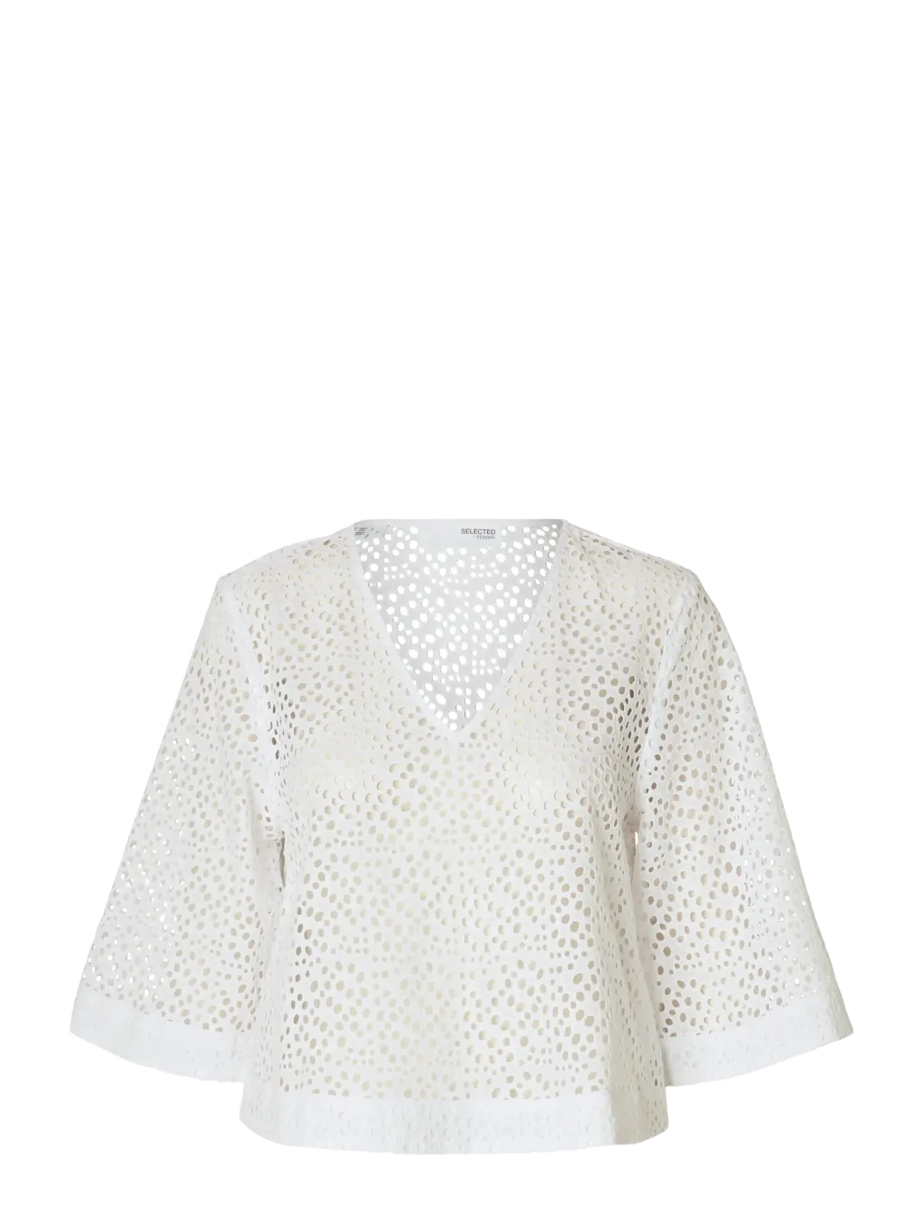 Selected SLFLAERKE 3/4 CROPPED BRODERI ANG TOP B - Bluser - BRIGHT WHITE / white