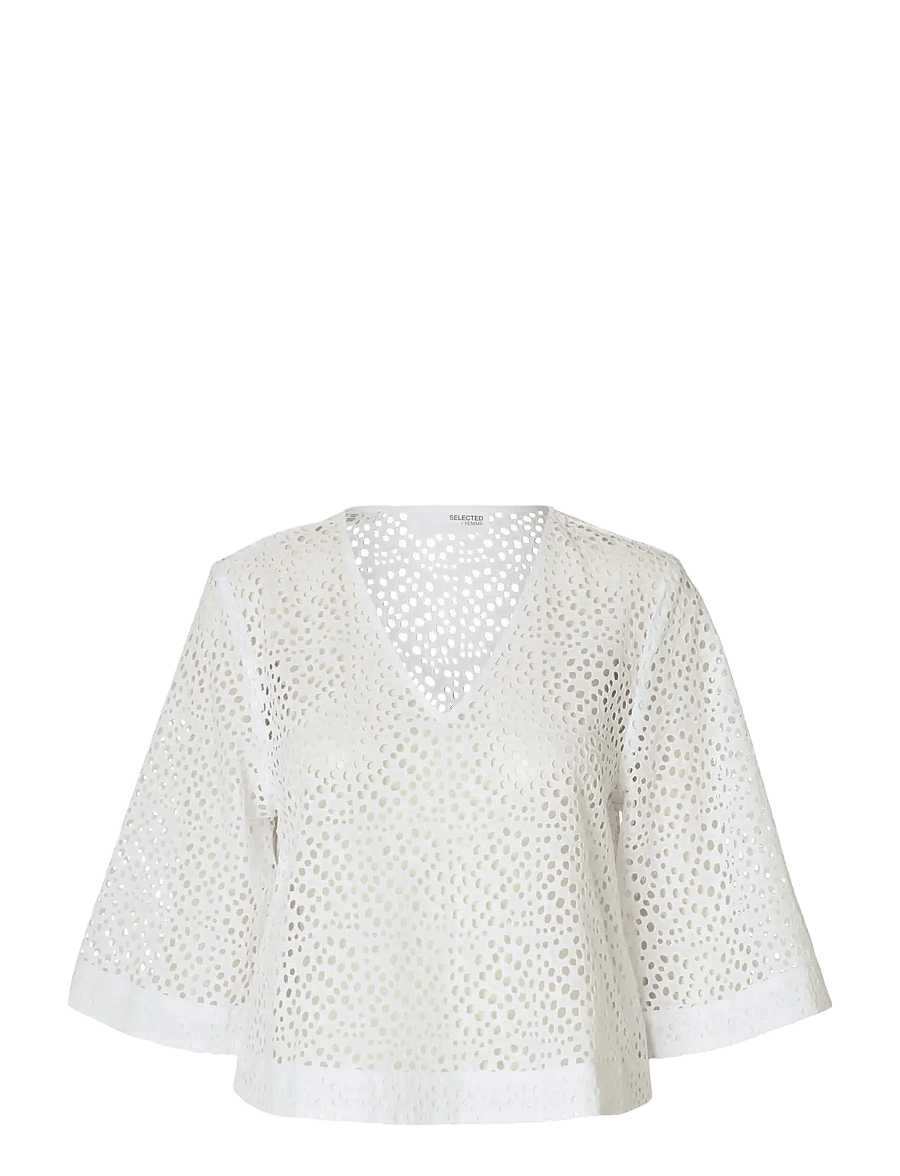 Selected - SLFLAERKE 3/4 CROPPED BRODERI ANG TOP B - lühikeste varrukatega pluusid - bright white - 1