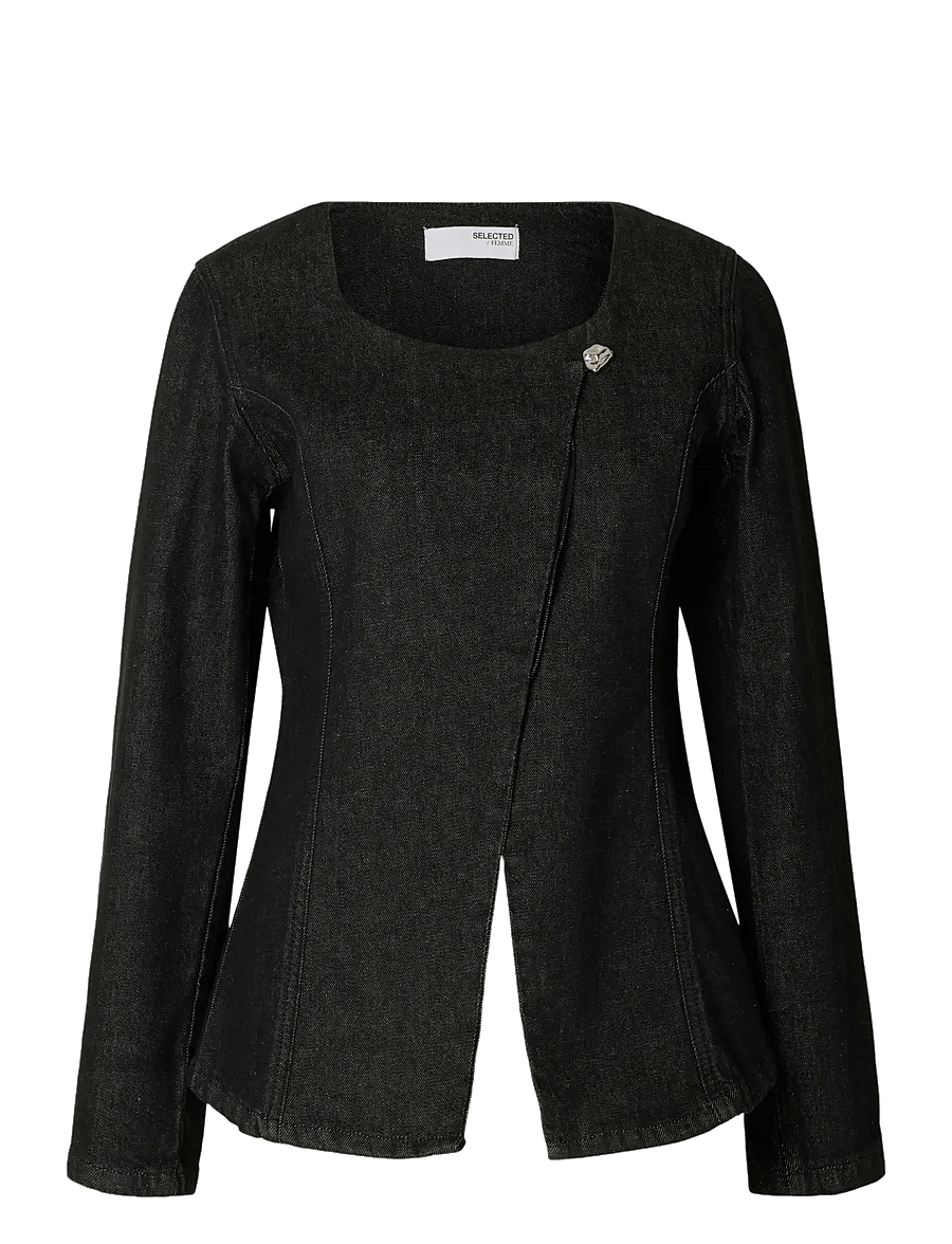 Selected - SLFCORA U-NECK FITTED DENIM BLAZER - enkeltradede blazere - black denim - 1