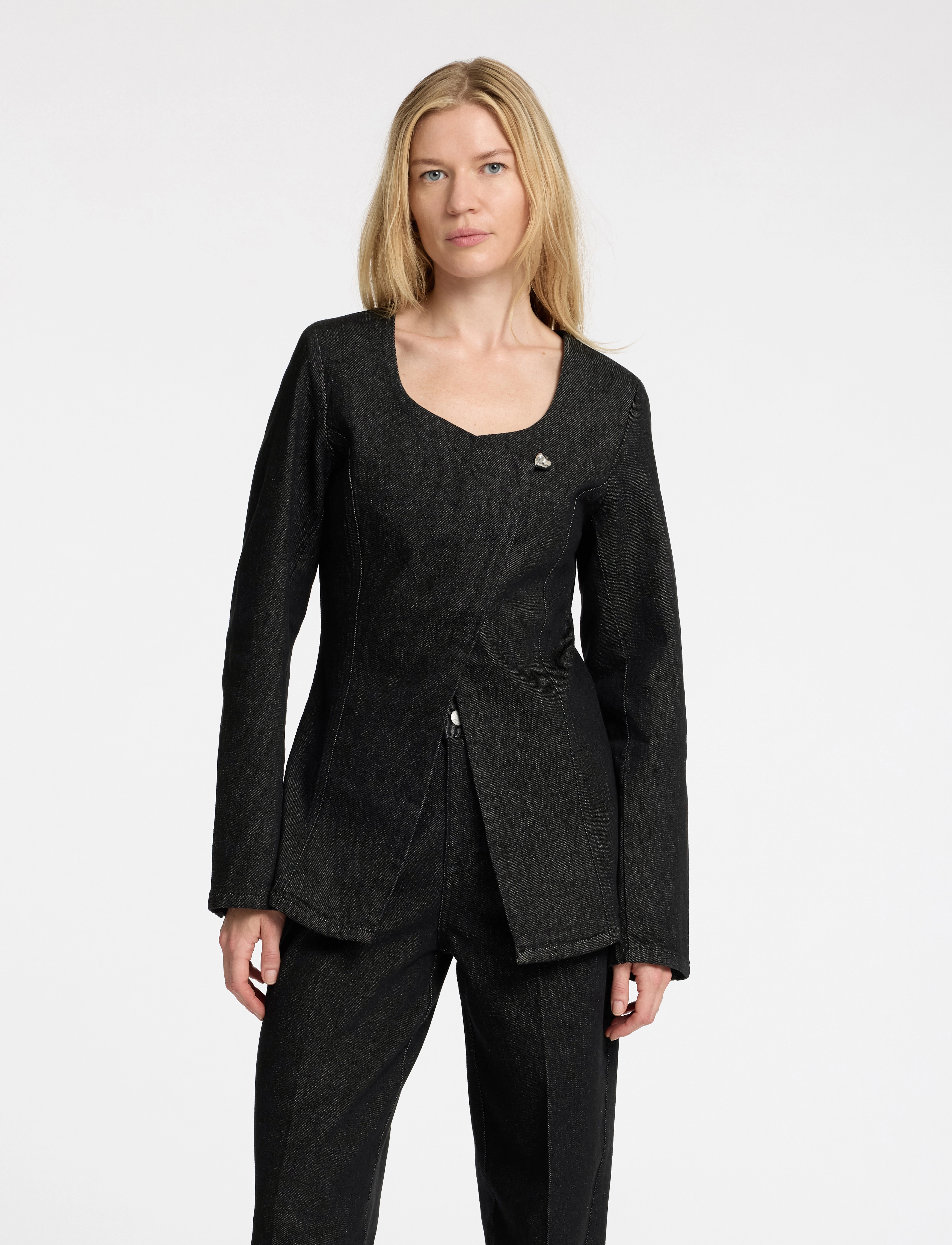 Selected Slfcora U-Neck Fitted Denim Blazer, Kvinder, Asymmetrisk Denim Blazer, Sort, Str: 36