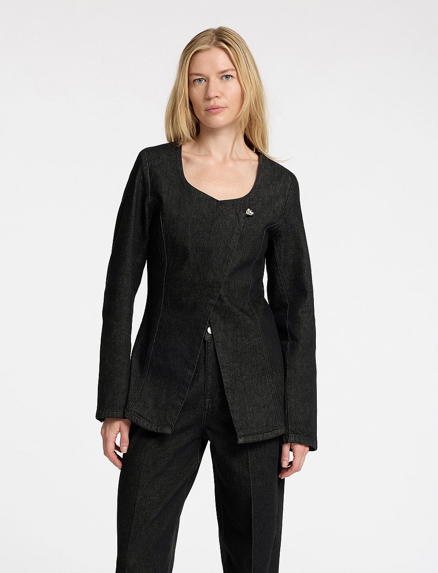 Selected - SLFCORA U-NECK FITTED DENIM BLAZER - enkeltradede blazere - black denim - 0