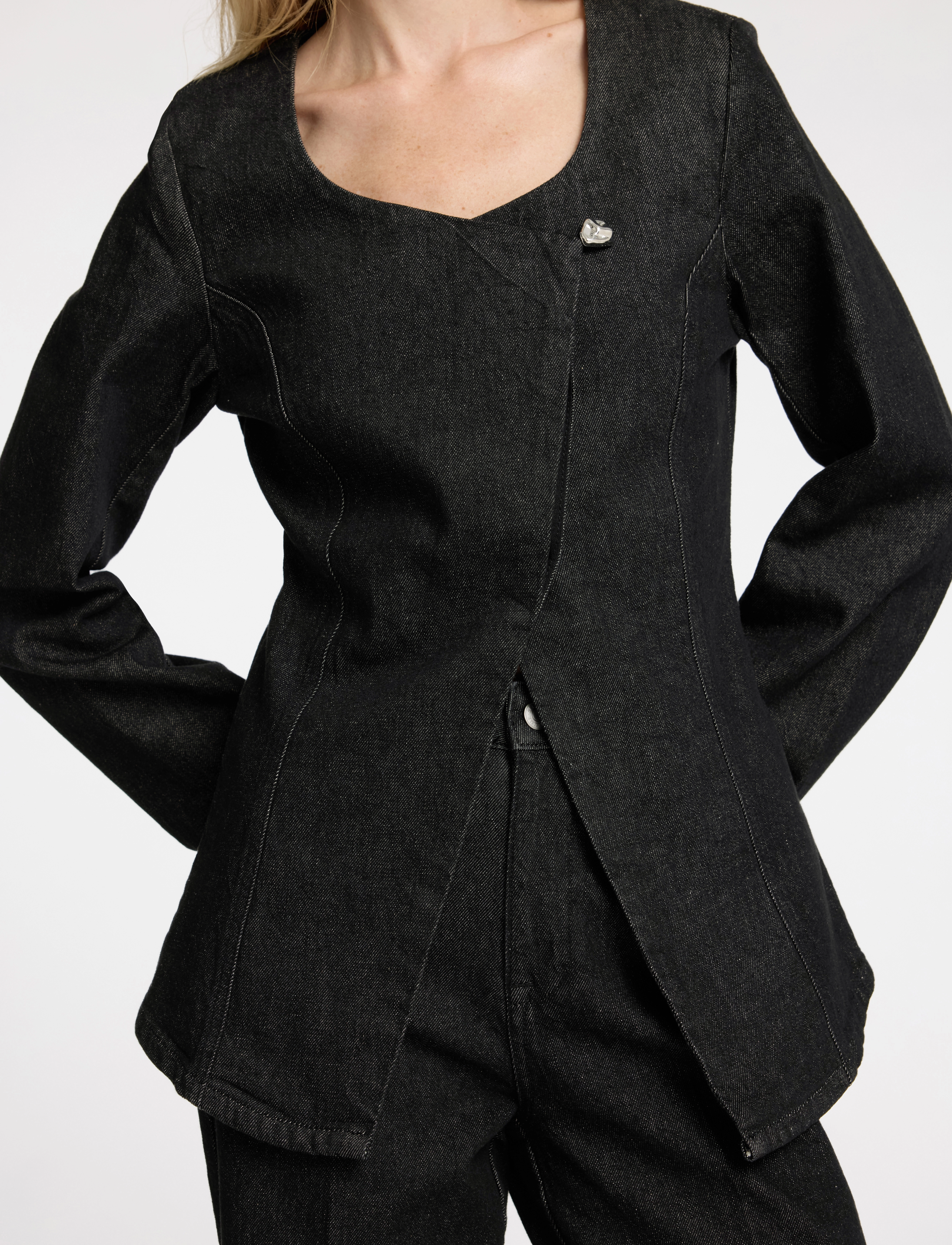 Selected - SLFCORA U-NECK FITTED DENIM BLAZER - blazers met één knopenrij - black denim - 5