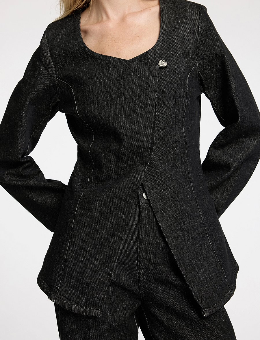 Selected - SLFCORA U-NECK FITTED DENIM BLAZER - enkeltradede blazere - black denim - 5