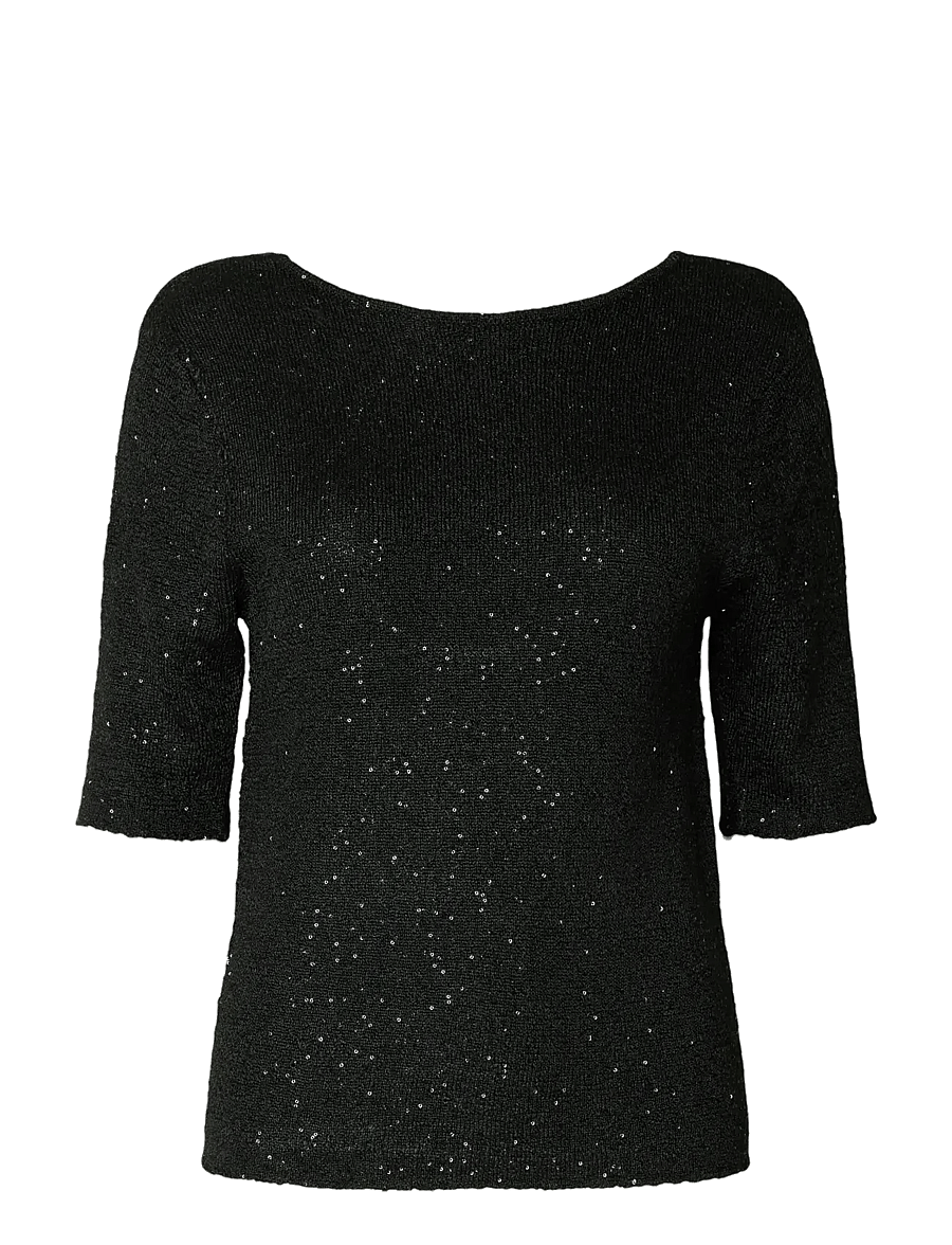 Selected - SLFJOSIE 2/4 SEQUIN KNIT O-NECK TOP - t-shirts - black - 0