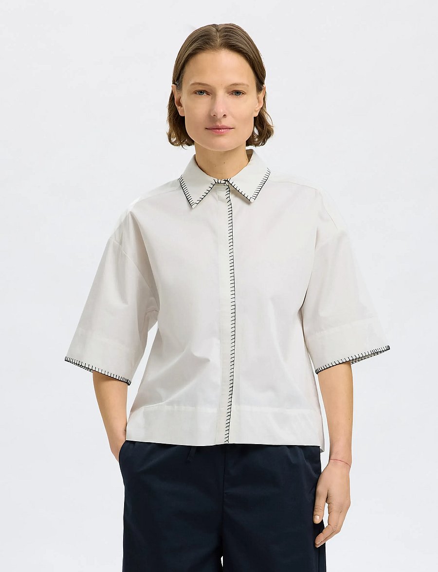 Selected - SLFFIA 2/4 CROPPED STITCHED SHIRT B - lühikeste varrukatega särgid - bright white - 0