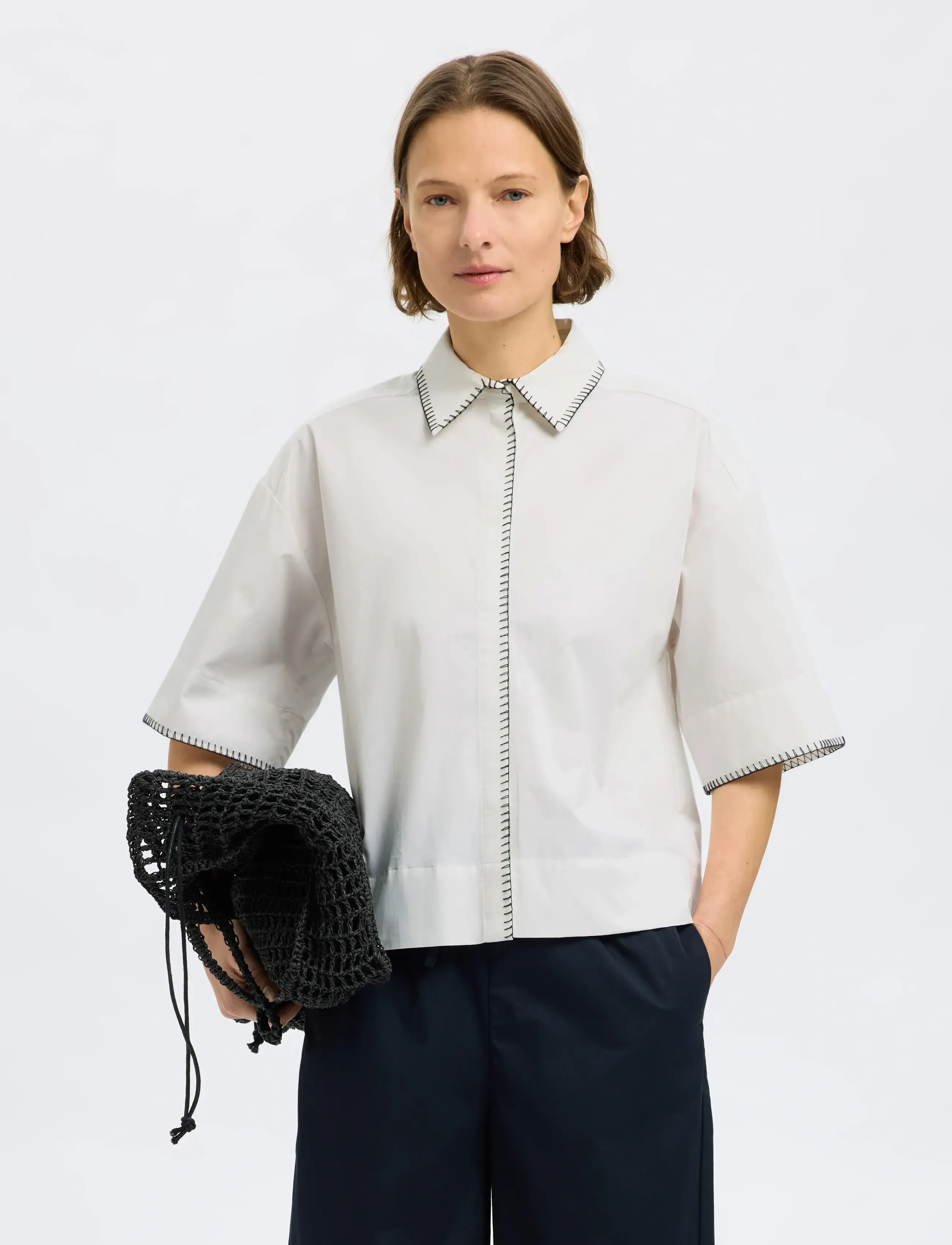 Selected - SLFFIA 2/4 CROPPED STITCHED SHIRT B - krekli ar īsām piedurknēm - bright white - 5