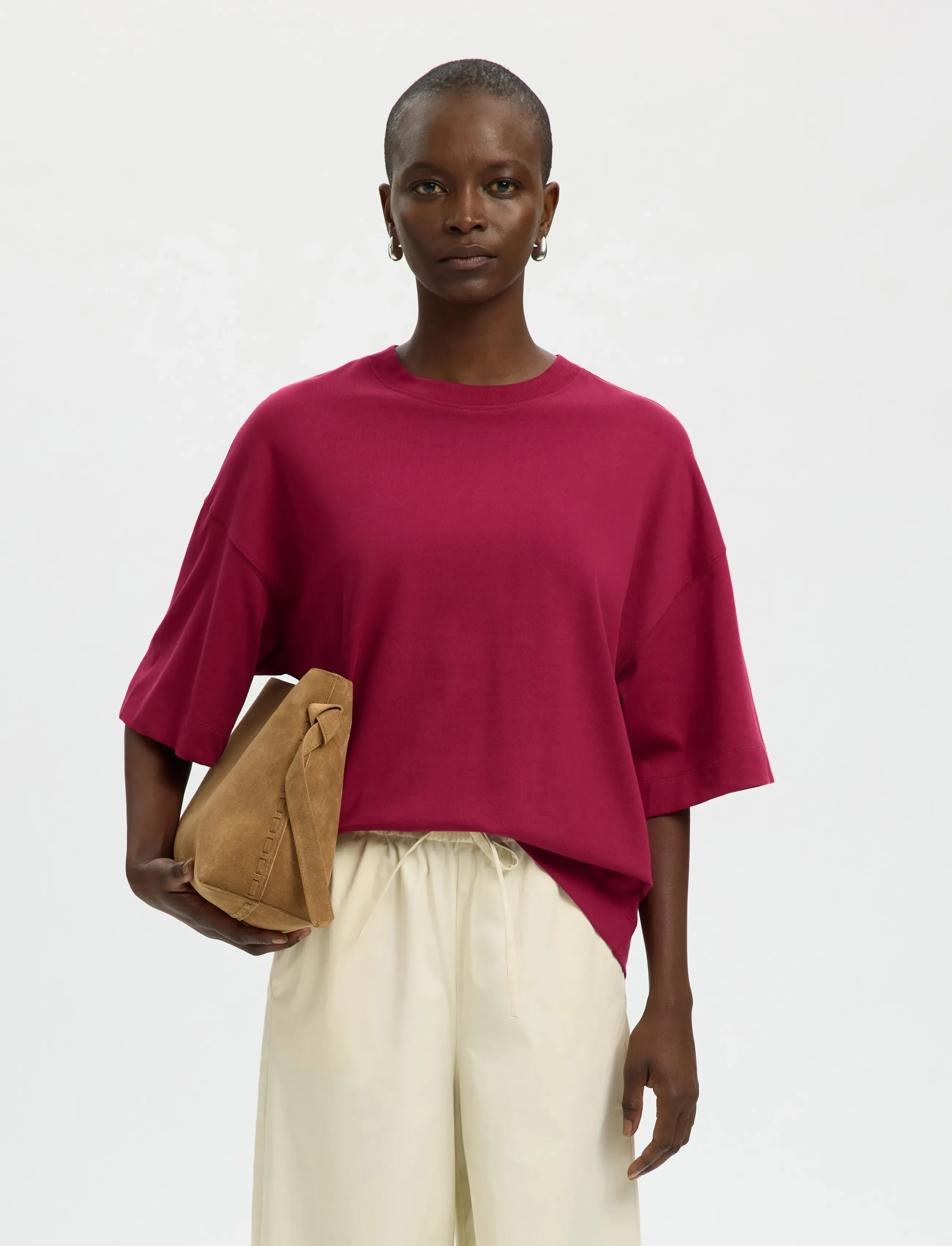 Selected SLFCOLWOMAN 2/4 OVERSIZED TEE NOOS - T-Shirts & Tops - ANEMONE / burgundy