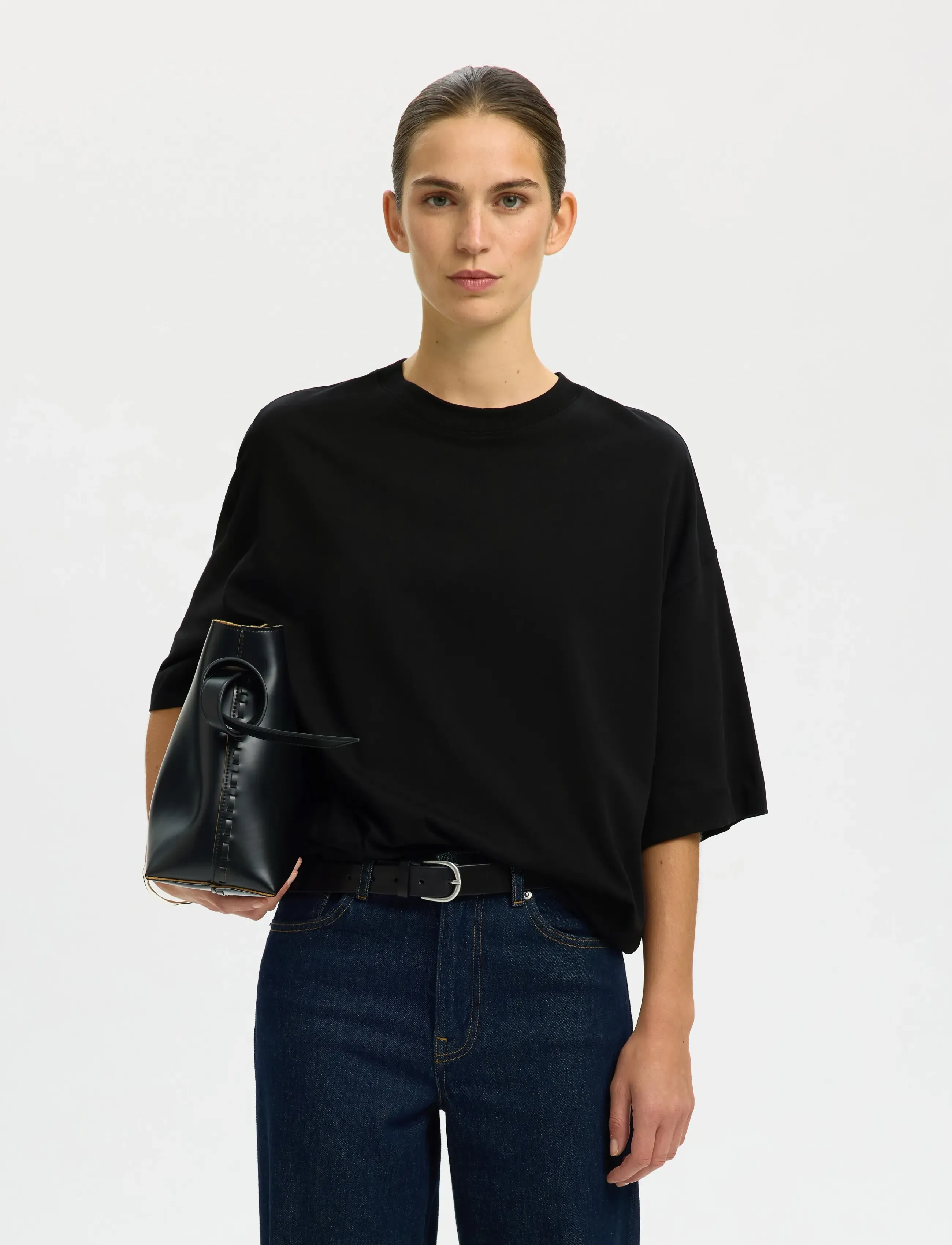 Selected SLWCOLWOMAN 2/4 OVERSIZED TEE NOOS - T-shirts & Toppe - BLACK / black