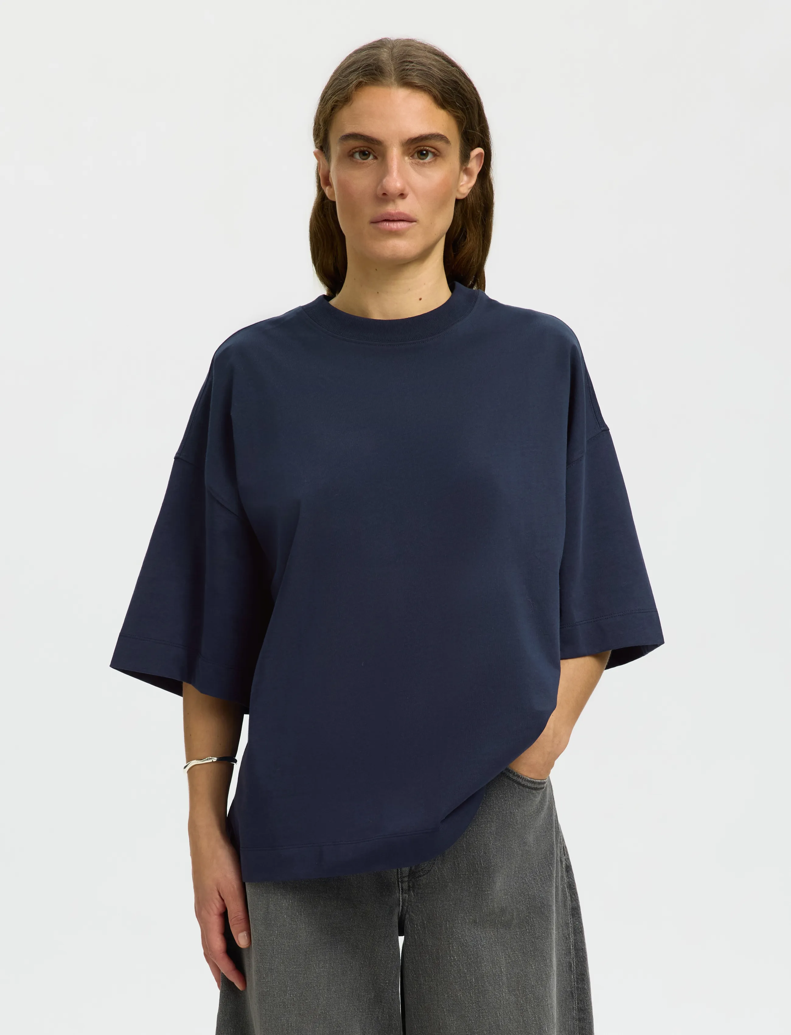 Selected SLWCOLWOMAN 2/4 OVERSIZED TEE NOOS - T-shirts - DARK SAPPHIRE / navy