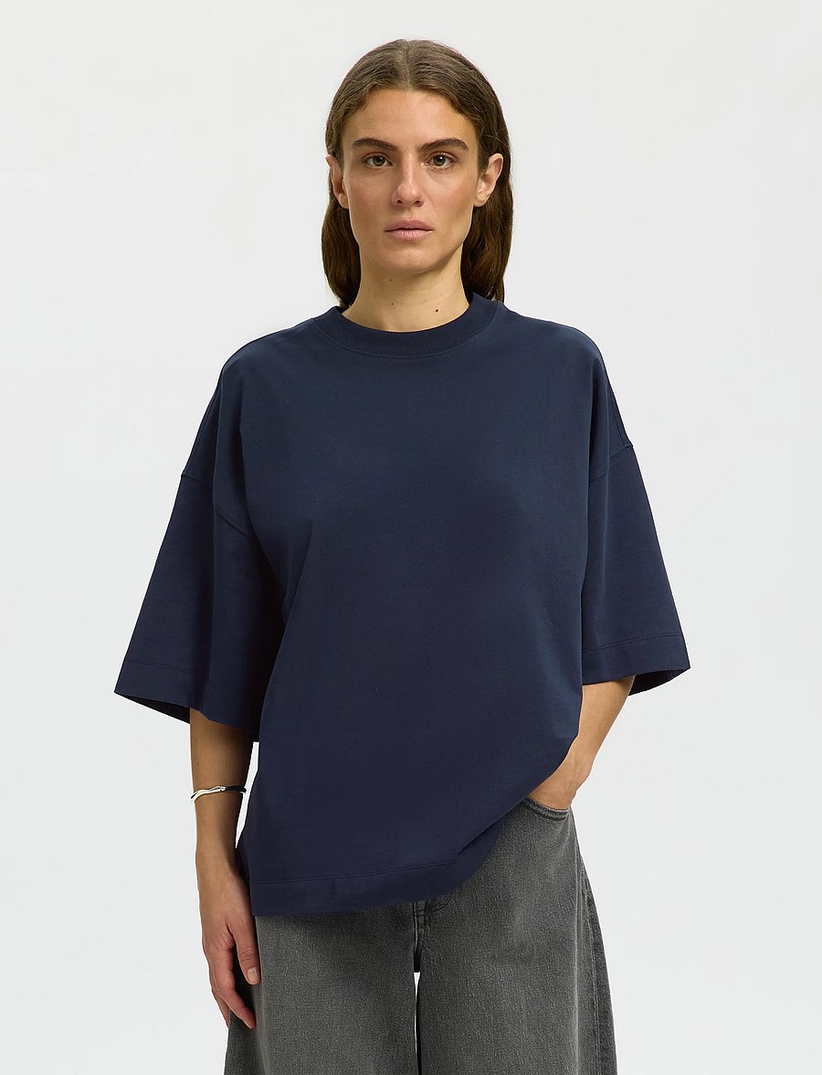 Selected - SLWCOLWOMAN 2/4 OVERSIZED TEE NOOS - t-shirts - dark sapphire - 0
