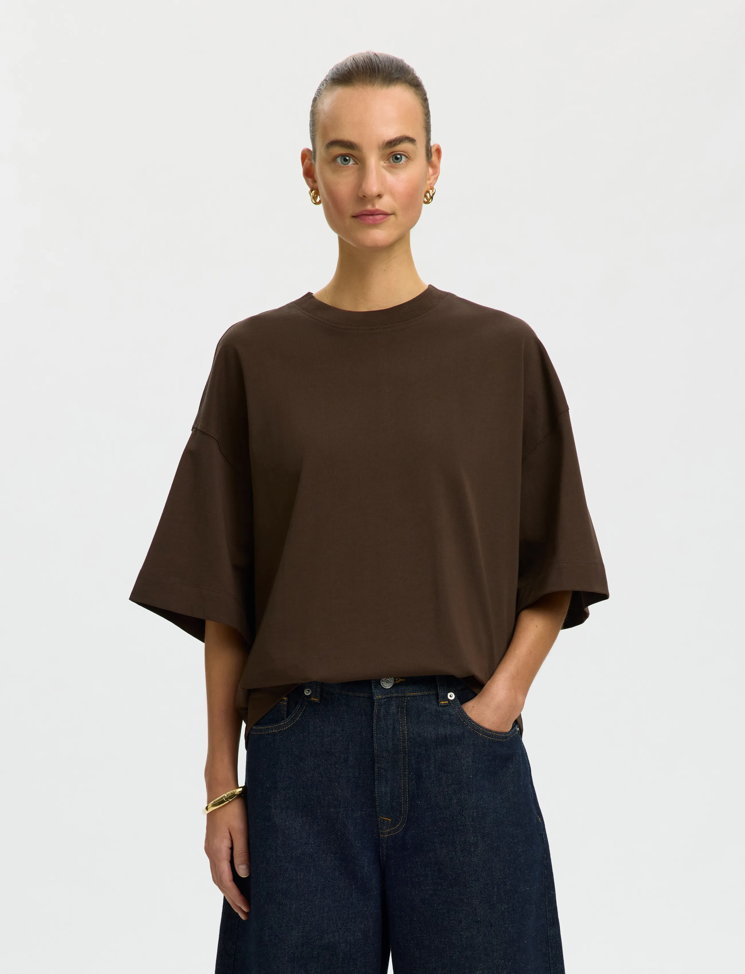 Selected SLWCOLWOMAN 2/4 OVERSIZED TEE NOOS - T-shirts & Tops - DELICIOSO / brown