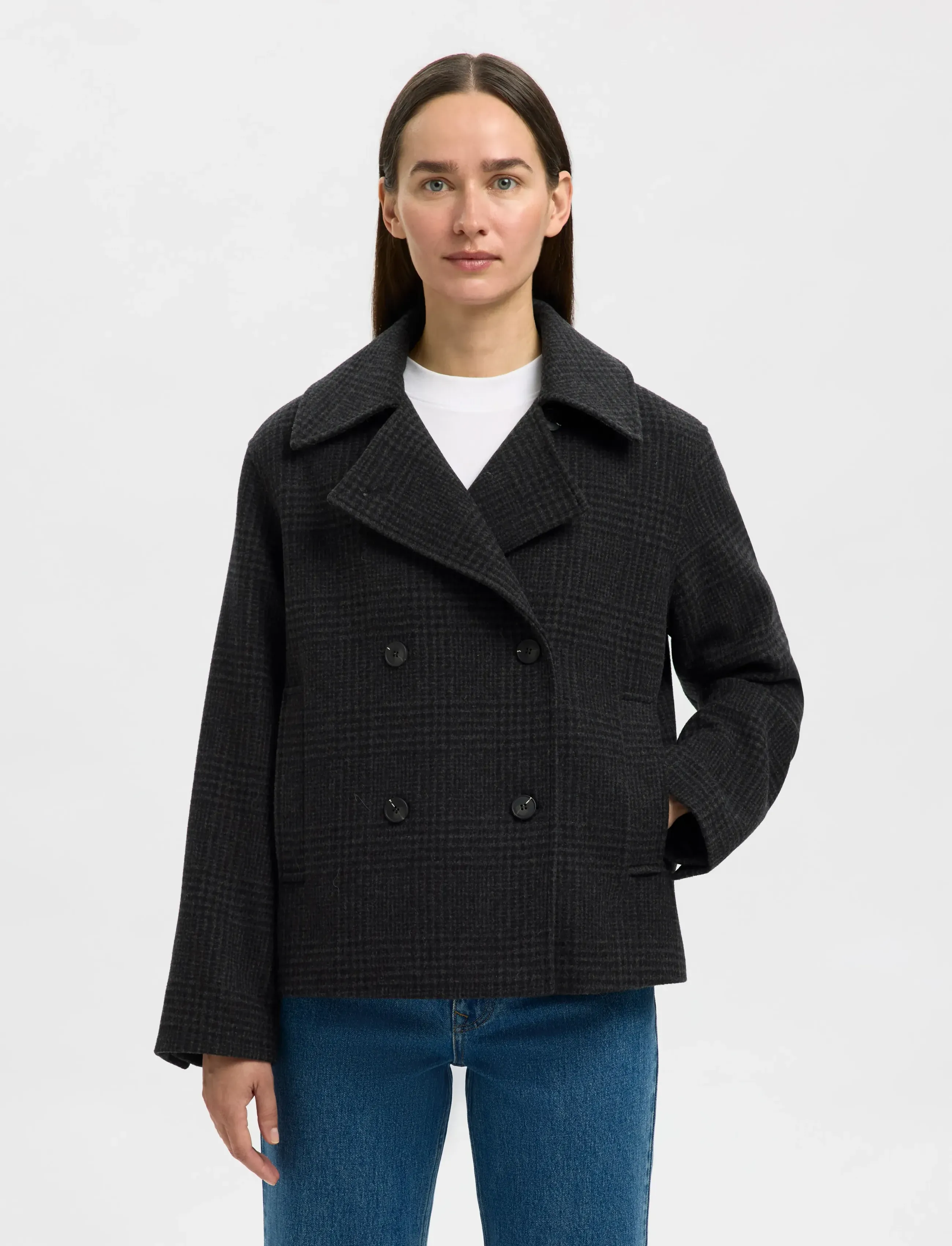 Selected Slfalma Pattern Wool Blend Jacket, 36, Black, Jakker > Uldjakker, Dame