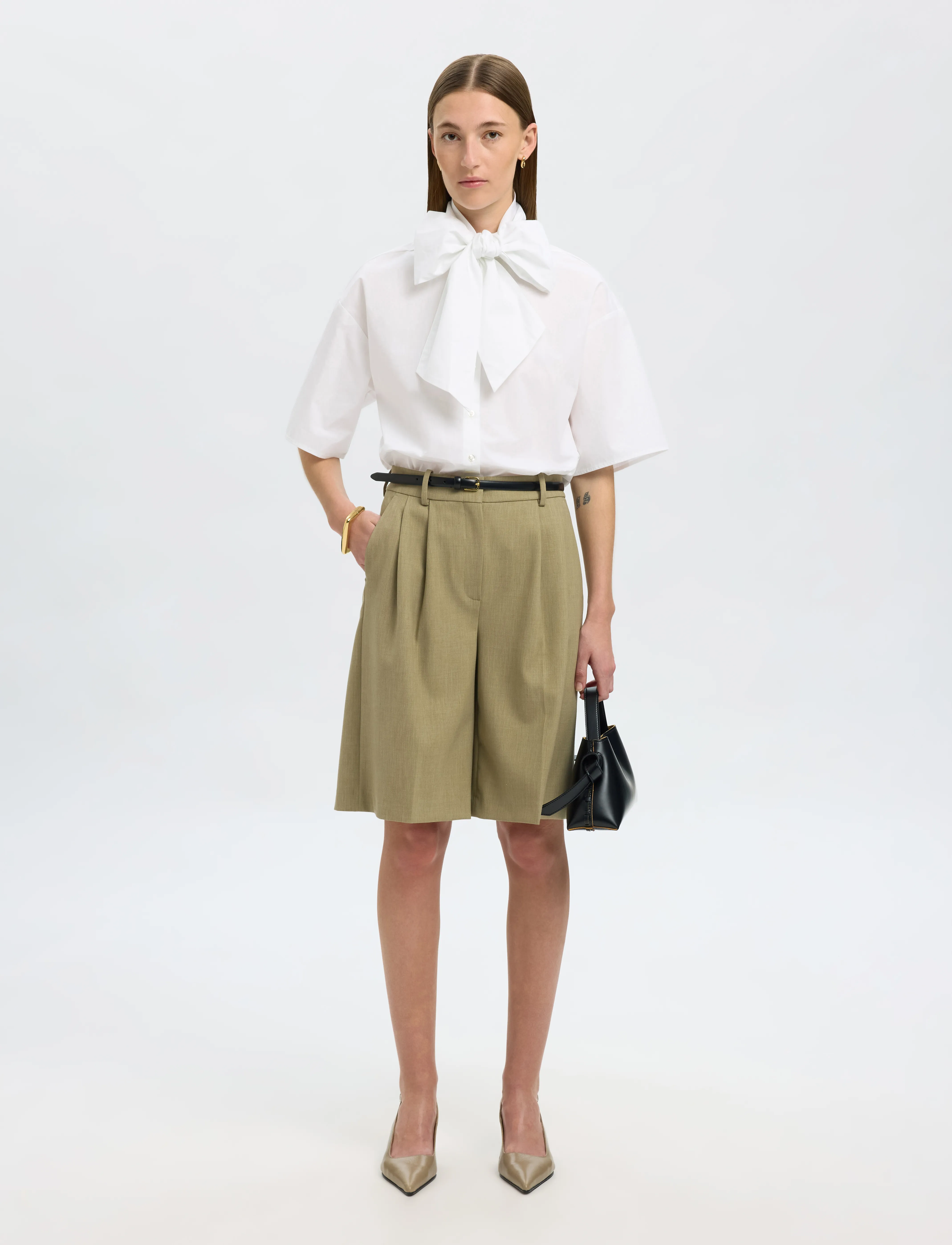 Selected - SLFAYA-JUNO 2/4 BOW SHIRT - kurzärmlige hemden - bright white - 4