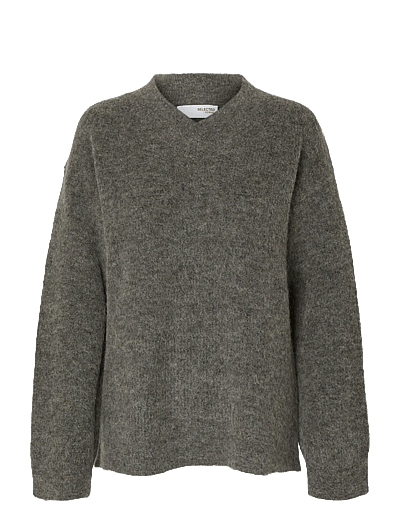 Selected SLFSIA RAS LS KNIT LONG V-NECK NOOS - Prjónafatnaður - MEDIUM GREY MELANGE / grey