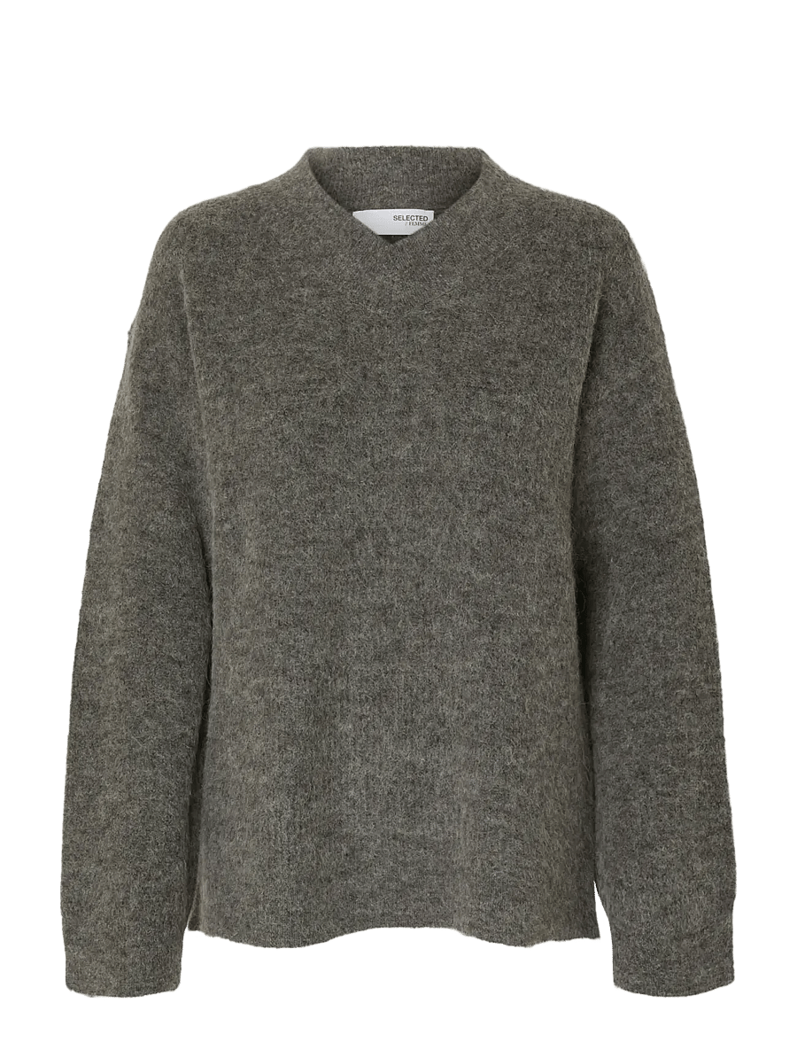 Selected - SLFSIA RAS LS KNIT LONG V-NECK NOOS - pullover - medium grey melange - 1