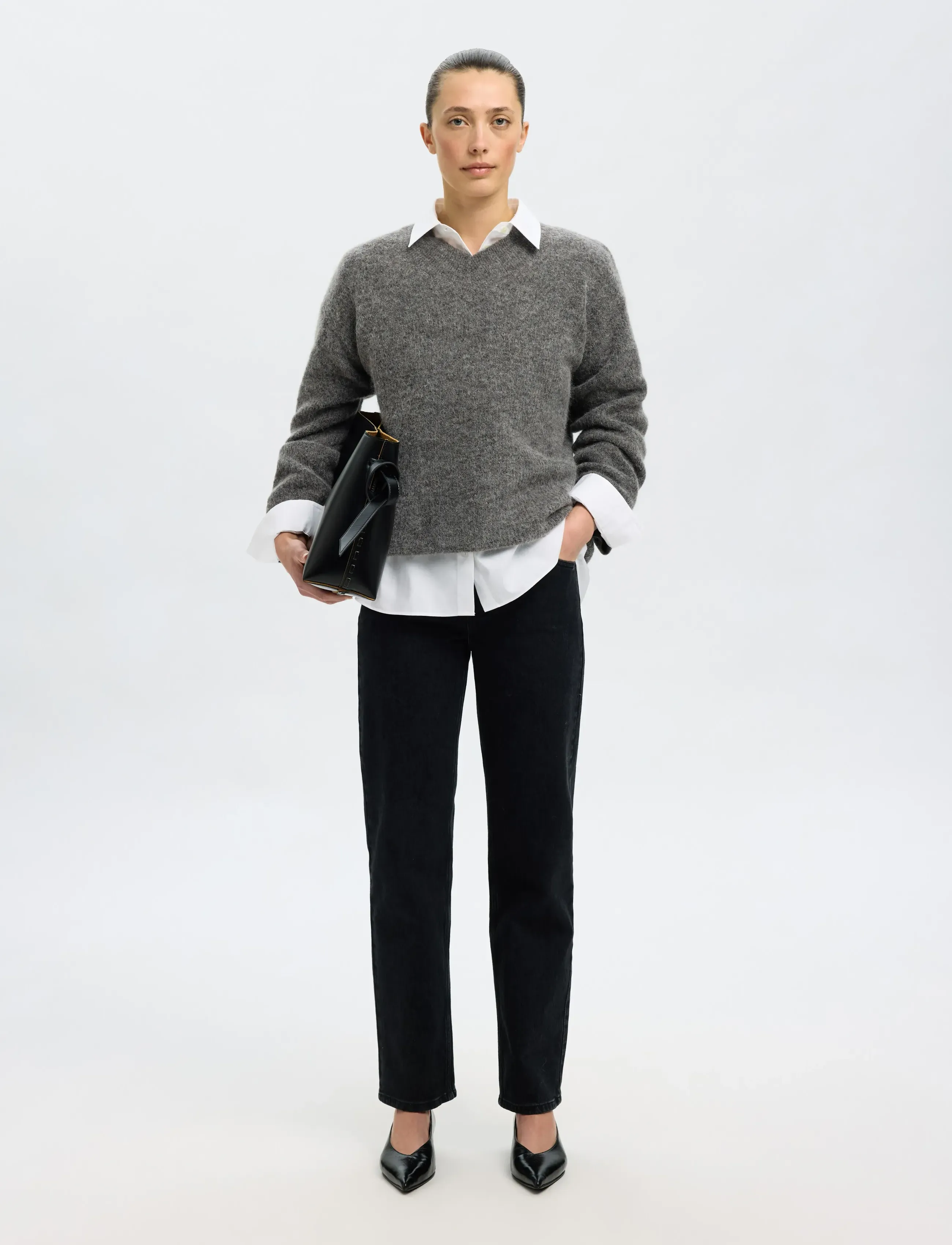 Selected - SLFSIA RAS LS KNIT LONG V-NECK NOOS - stickade tröjor - medium grey melange - 4