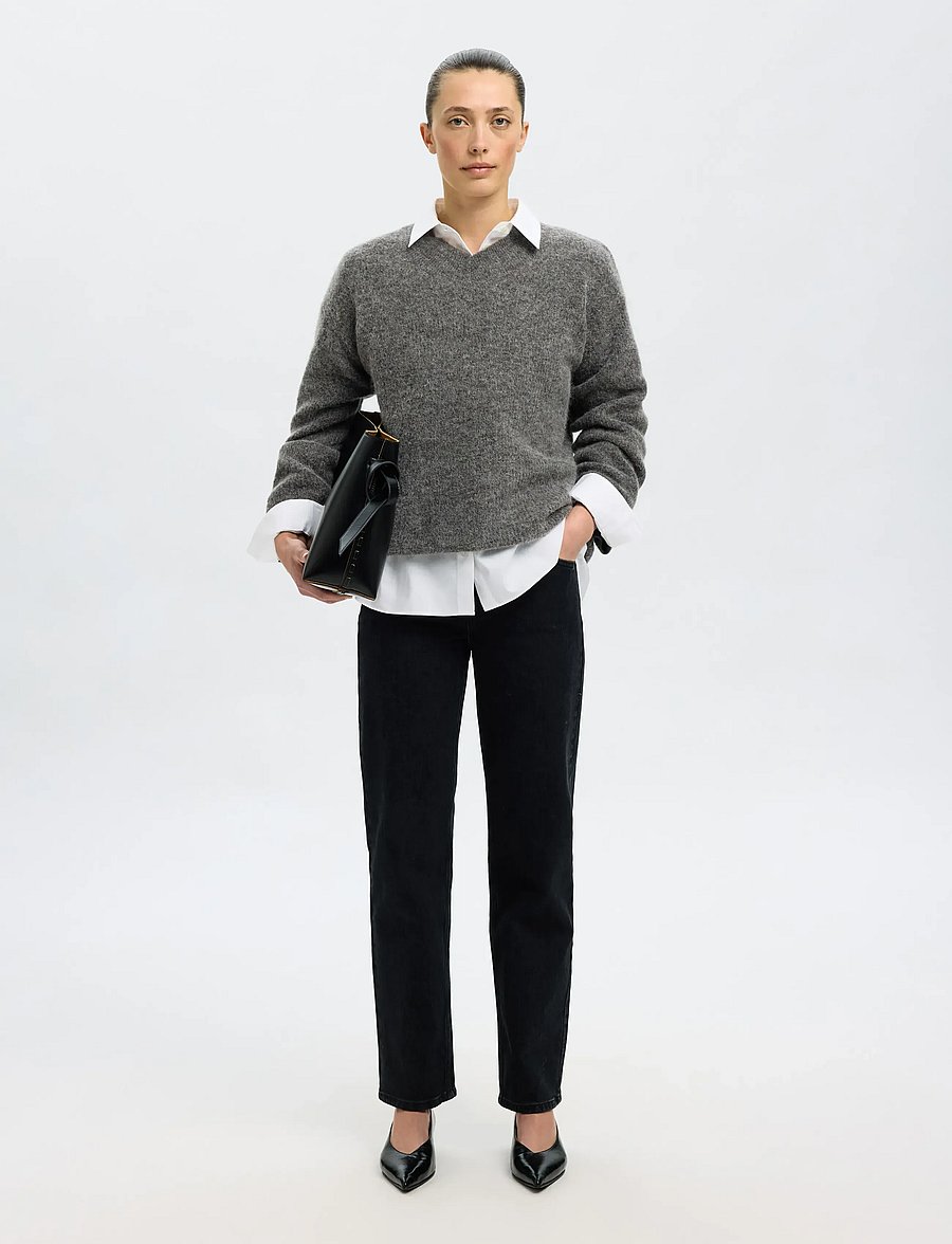 Selected - SLFSIA RAS LS KNIT LONG V-NECK NOOS - pullover - medium grey melange - 4