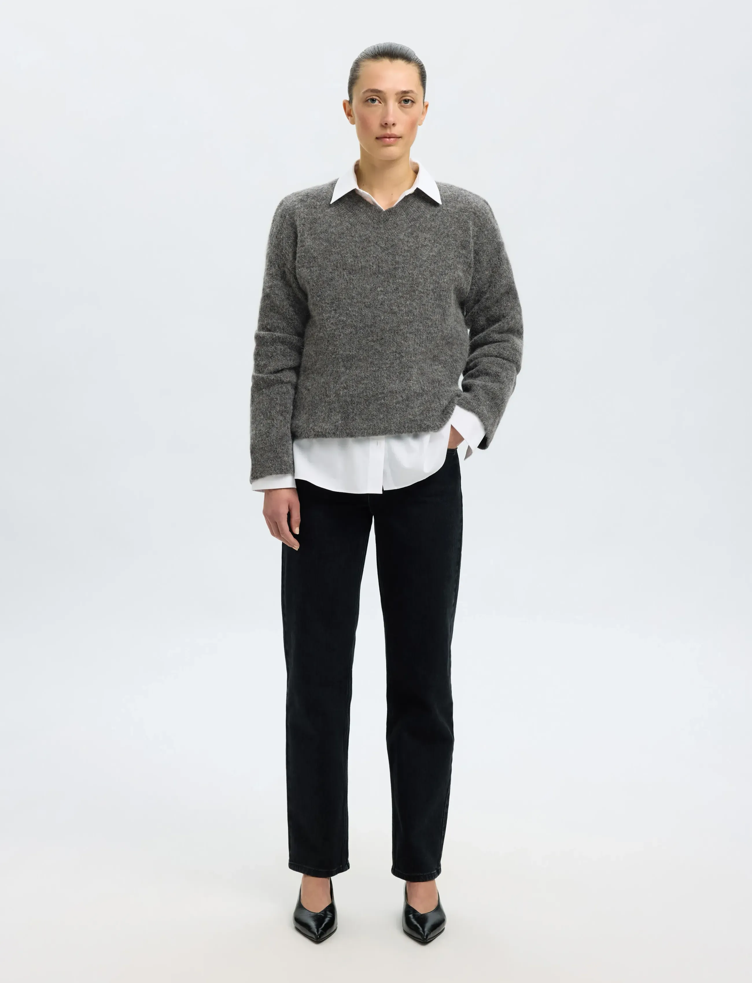 Selected - SLFSIA RAS LS KNIT LONG V-NECK NOOS - stickade tröjor - medium grey melange - 5
